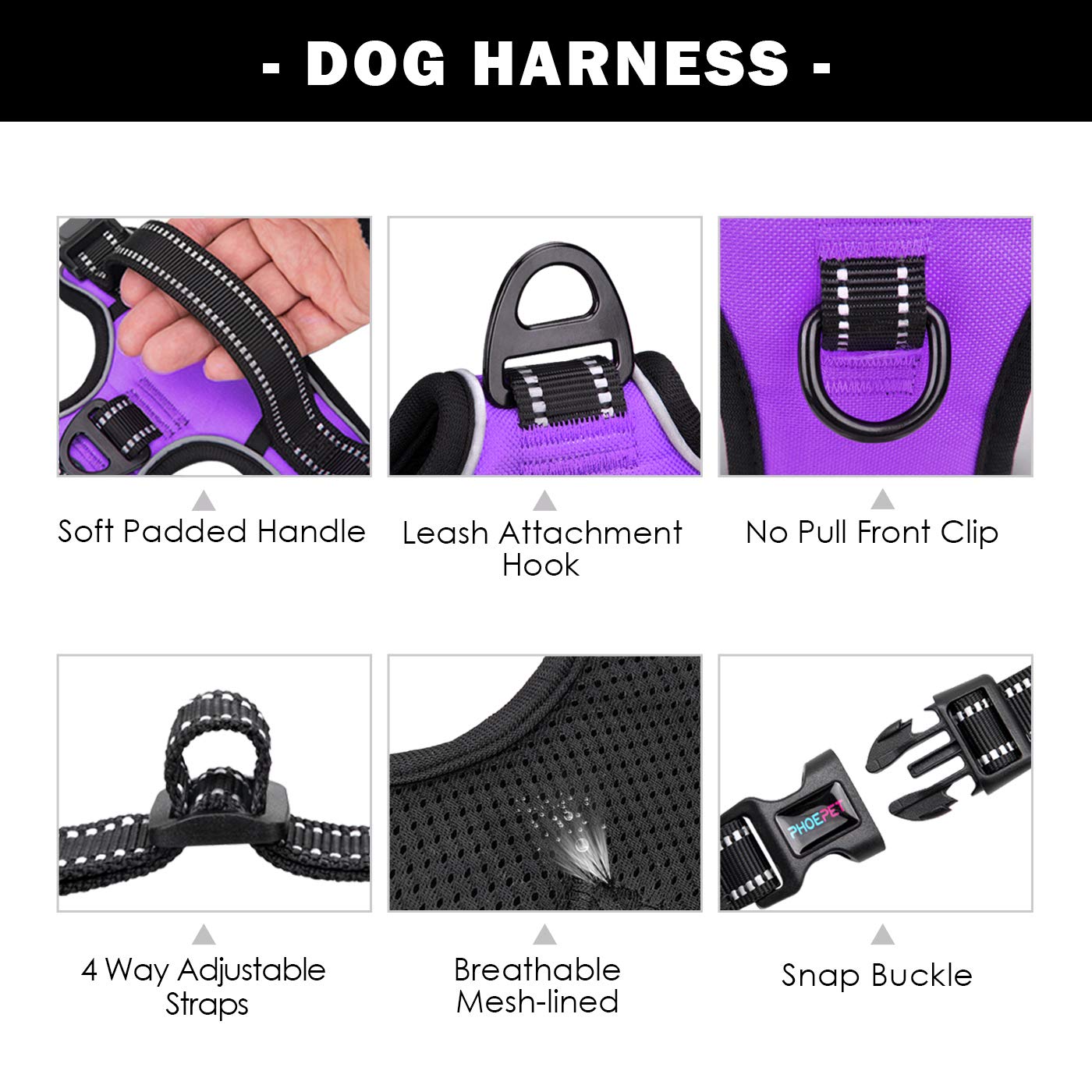 Phoepet Reflective Dog Harness Large Breed Adjustable No Pull Vest With With Handle 2 Metal Rings 3 Buckles [Easy To Put On & Take Off](Xl, Purple)