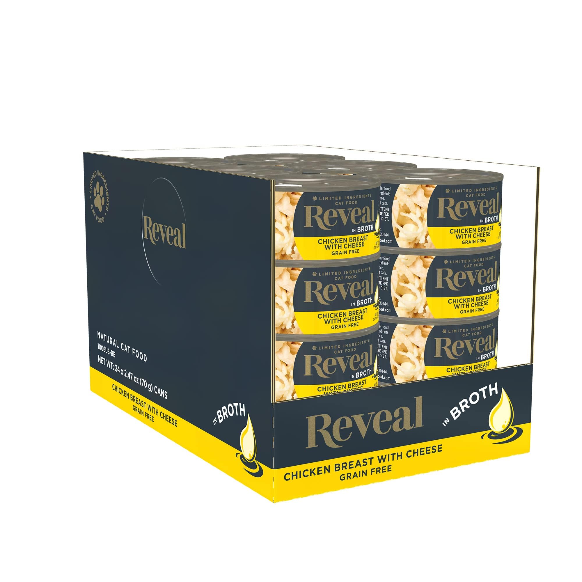 Reveal Natural Wet Cat Food, 24 Count, Grain Free, Limited Ingredient Canned Food for Cats, Chicken Breast with Cheese in Broth,