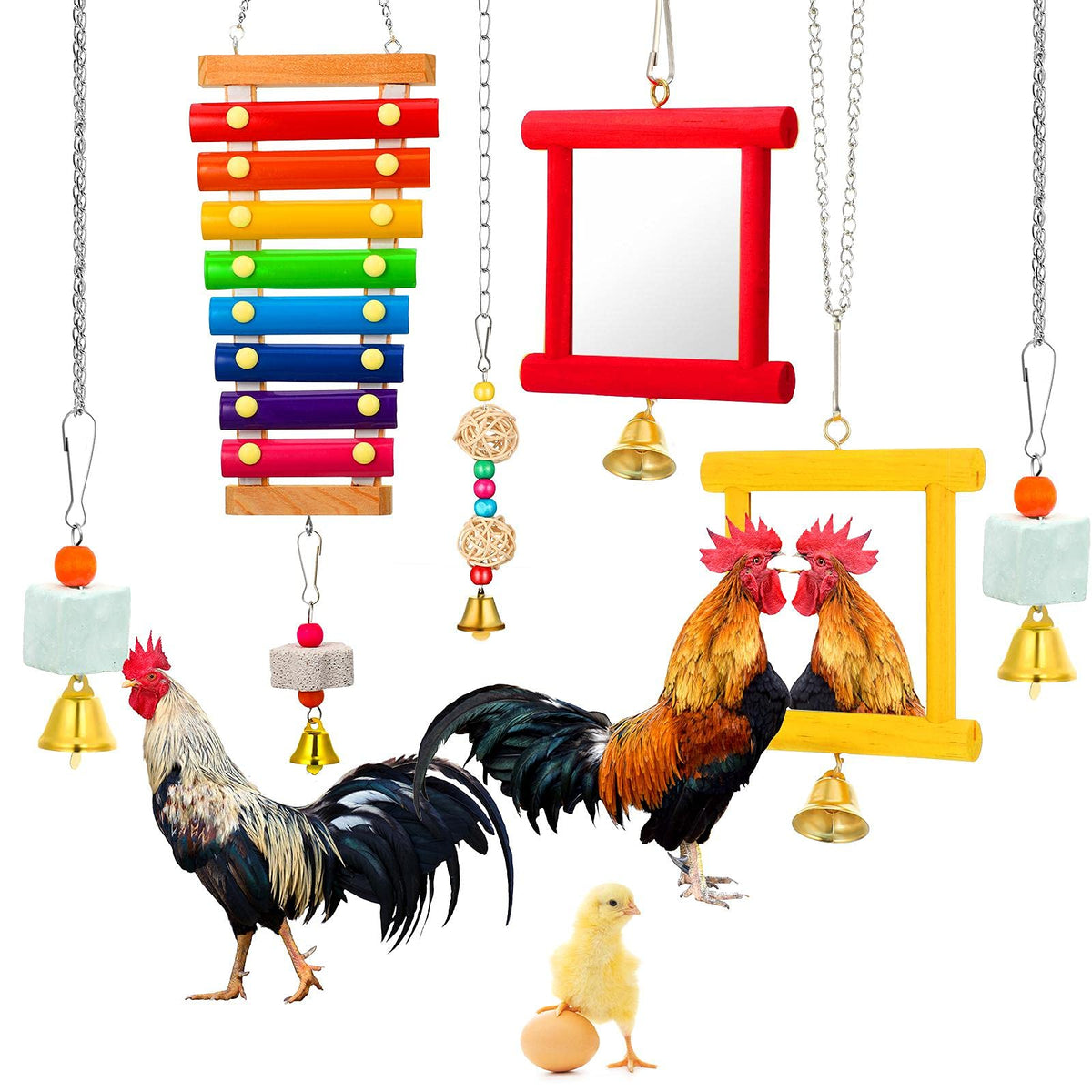 6 Pieces Chicken Toys For Coop, Chick Toys, Chicken Mirror Toy With Bells, Hen Chicken Xylophone Toy With 8 Metal Keys, Parrot Grinding Stone, Sepak Takraw Toy, Dangling Bird Toy