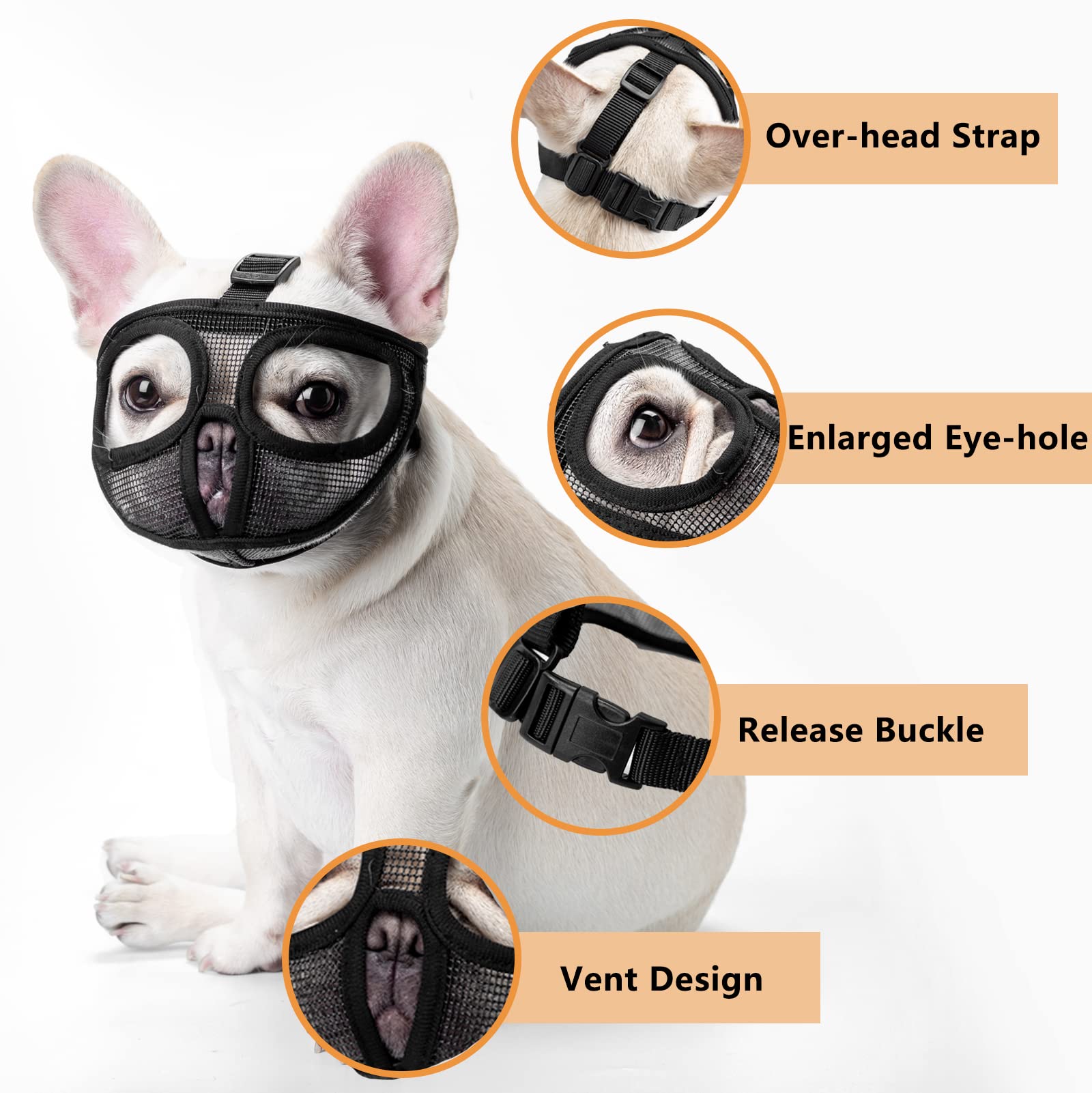 Ohcozzy Short Snout Dog Muzzle With Breathable Eye Hole, Adjustable French Bulldog Muzzle Prevent Dogs From Eating Biting Lickin