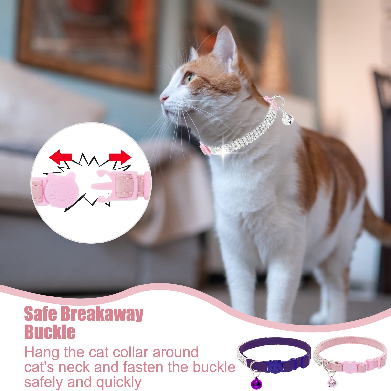 Expawlorer Cat Collar Breakaway With Bells - 2 Pack Rhinestones Bling Diamante Collars - Soft Velvet Safe Adjustable Shing Collar For Cats Kitty Girls And Small Dogs