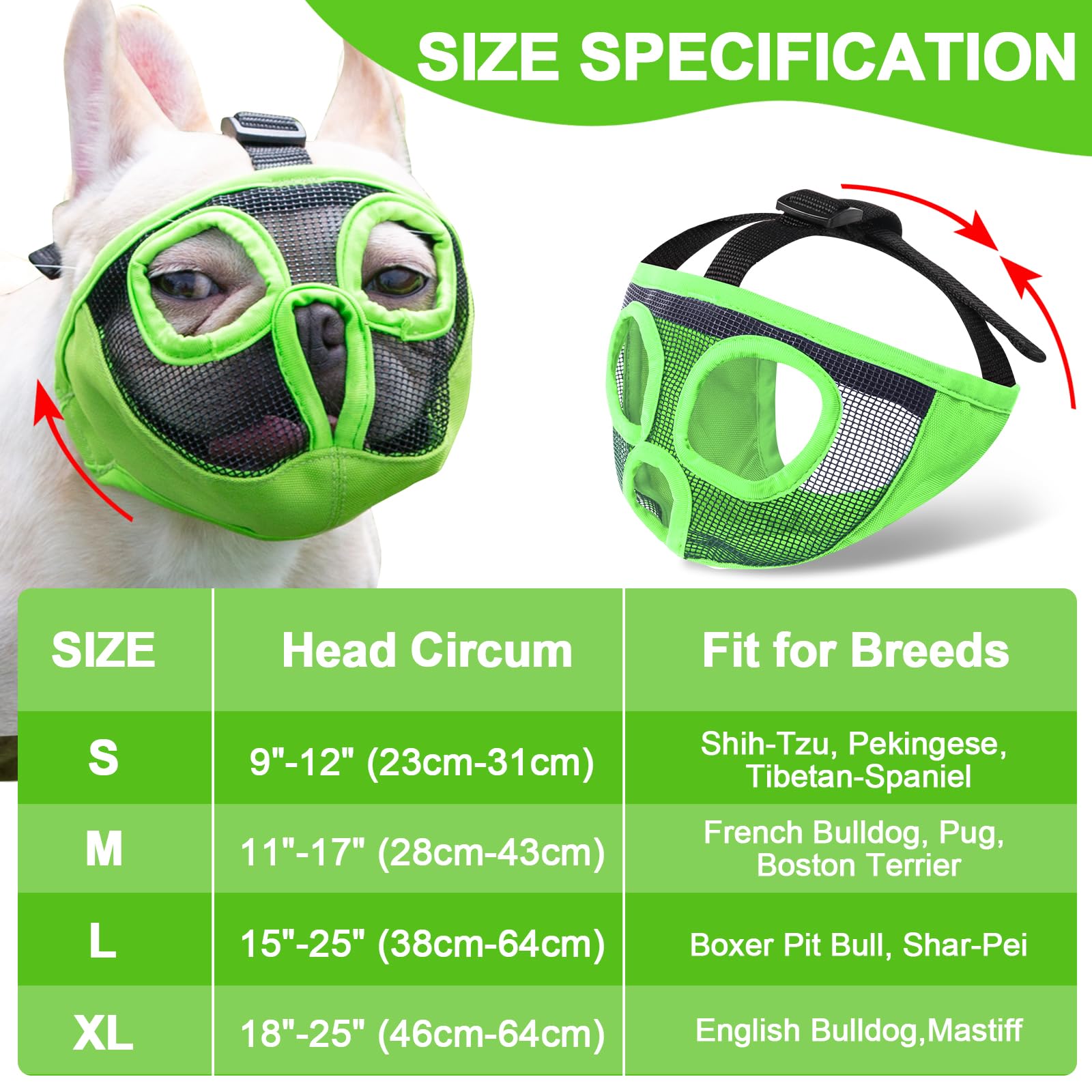 Jyhy Short Snout Dog Muzzles- Adjustable Breathable Mesh Bulldog Muzzle For Biting Chewing Training Grooming Dog Mask,Green L