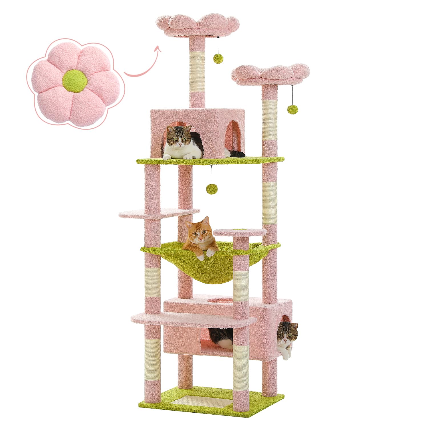 Pawz Road Flower Cat Tree, 72 Inches Large Cat Tower With Steel Frame Hammock And 7 Scratching Posts, Tall Cat Tree With 2 Condo