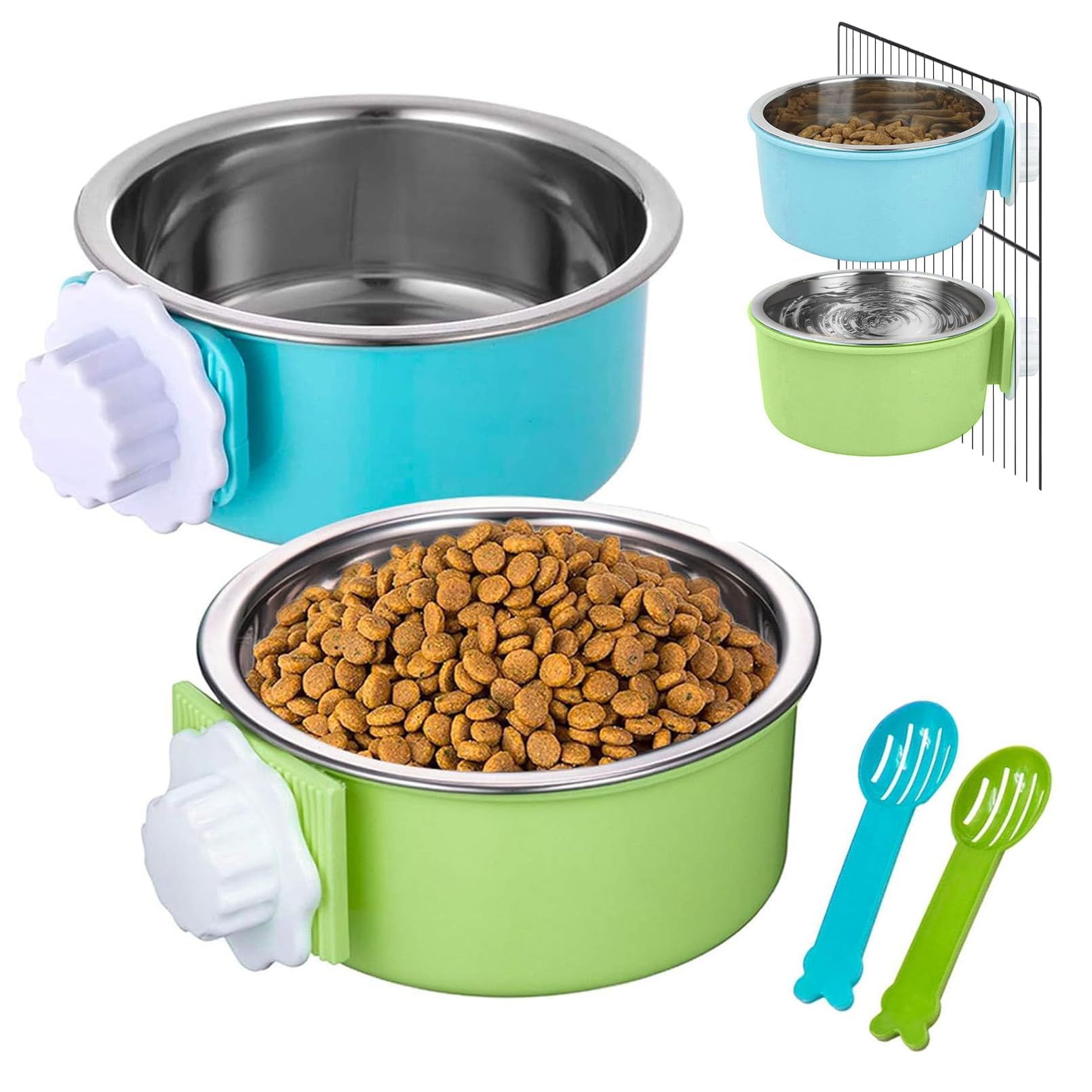 Hamiledyi 2-Pack Hanging Dog Bowls with Removable Stainless Steel Feeder - Spill-Proof Crate Bowls for Kennel/Cage, Puppy to Med