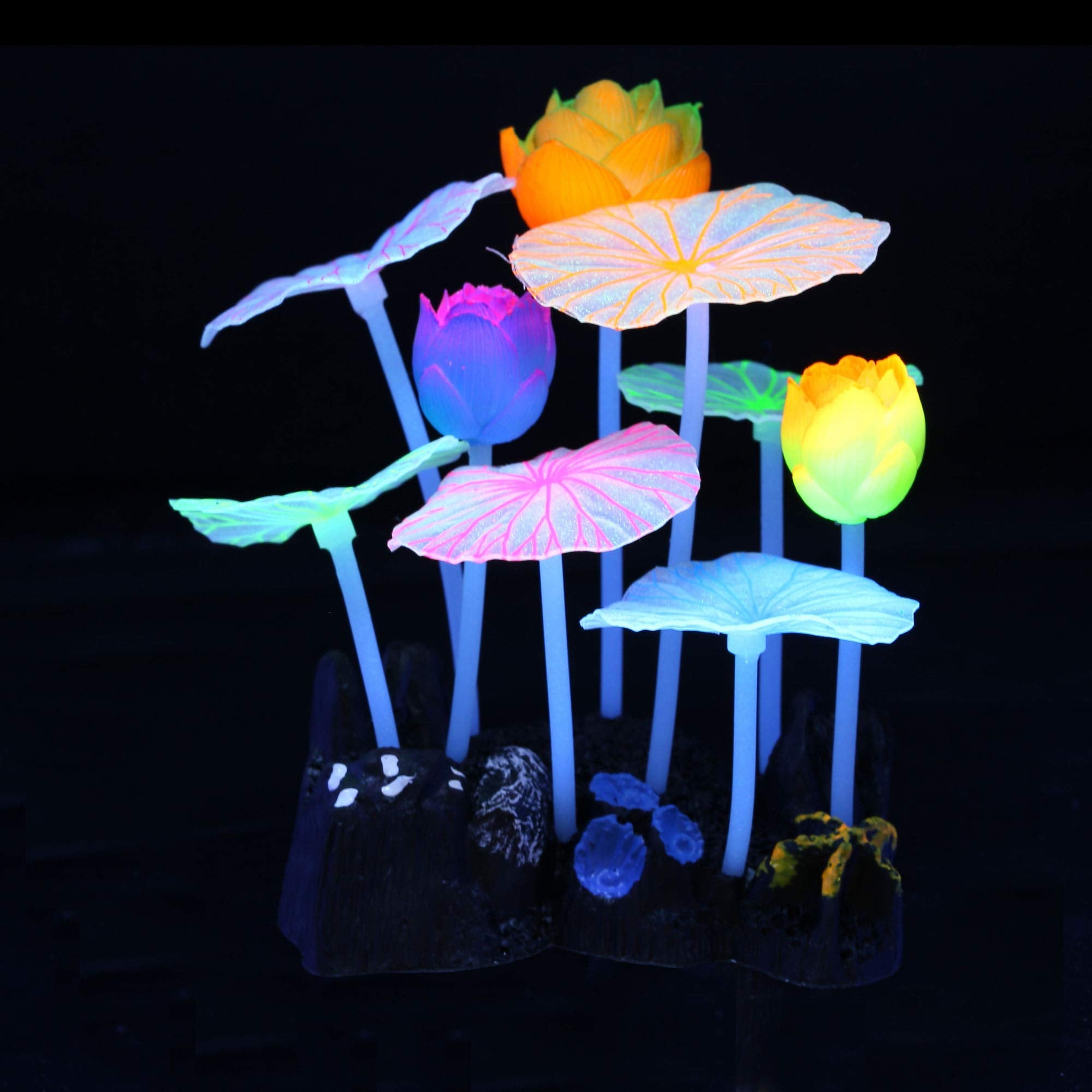 Lpraer 4 Pack Glow Aquarium Decorations Coral Anemone Lotus Leaf Seaweed Simulation Glow Plant Glowing Effect Silicone for Fish