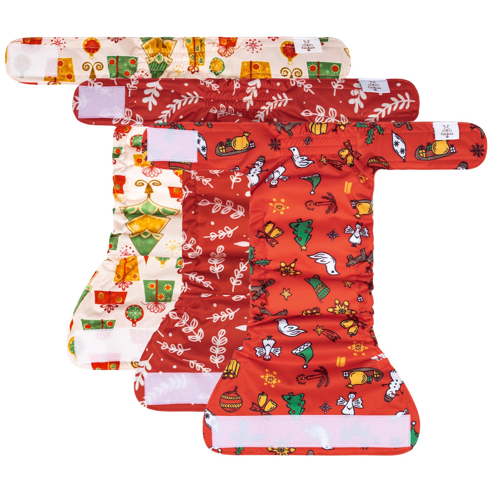 Cutebone Washable Christmas Dog Diapers Female No Tail Hole 3 Pack Reusable Doggie Period Training Pants For Docked-Tail Frenchi