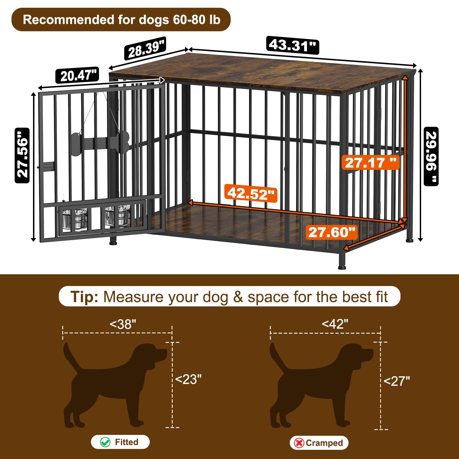 Easycom 43 Dog Crate Furniture Foldable, No Assembly Decorative Dog Kennel Indoor, XL Dog Crates for Large Dogs (60-80 lbs), Woo