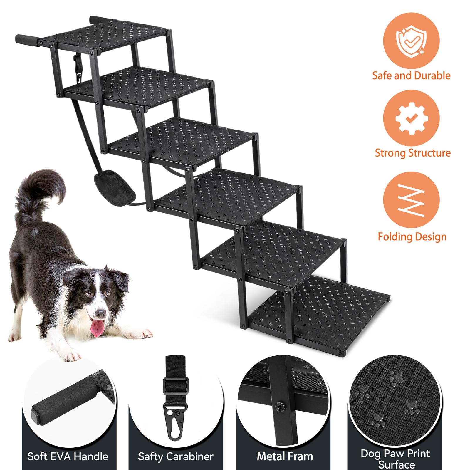 Heeyoo Foldable Dog Stairs for Car, Non-Slip Surface, Portable Dog Steps for Large Dogs, 6 Steps, Supports Up to 200 Lbs, Black