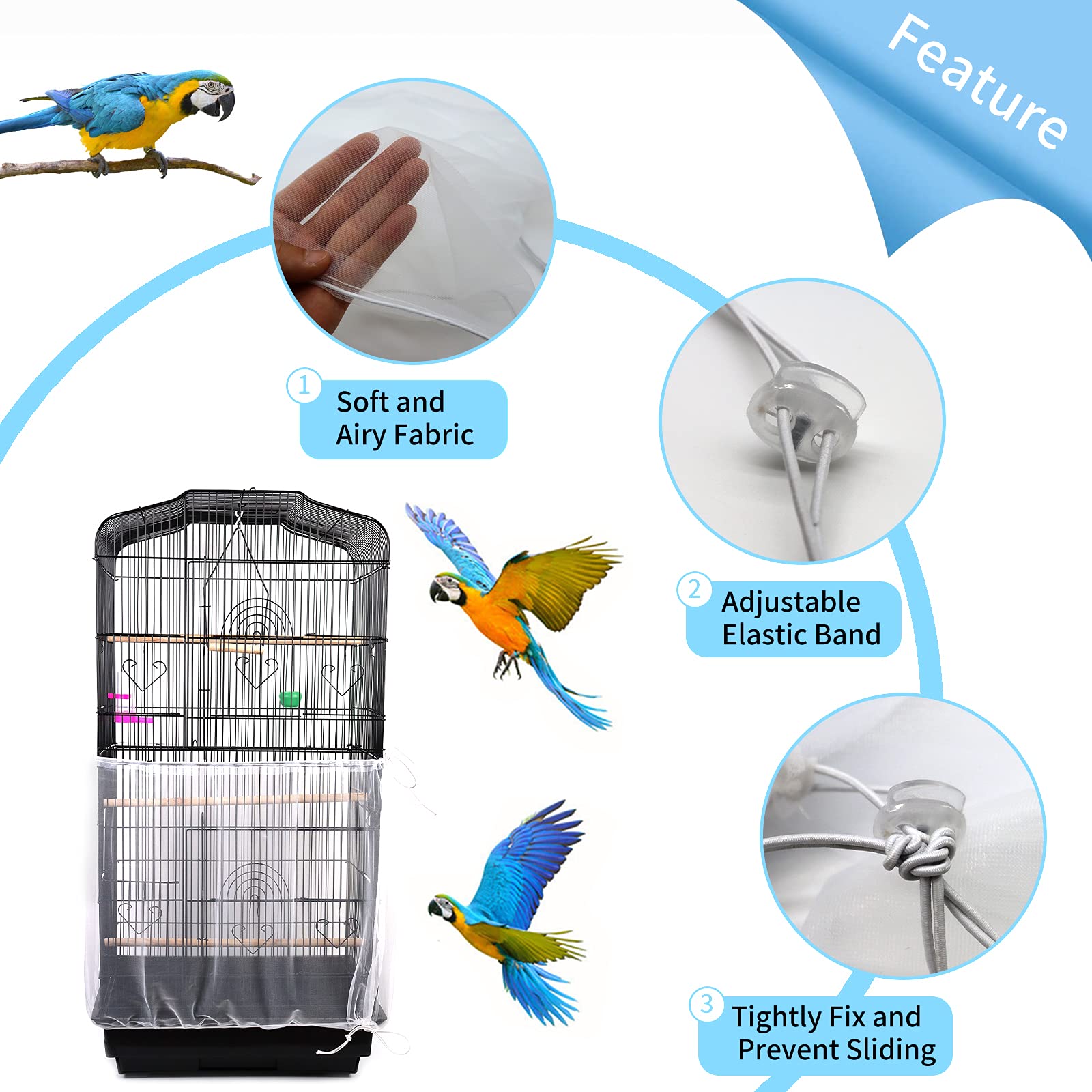 Daoeny Universal Bird Cage Cover, Adjustable Parrot Nylon Airy Soft Mesh Net, Seed Feather Catcher, Birdcage Cover Skirt Sheer Guard For Parakeet Macaw Round Square Cages (White)