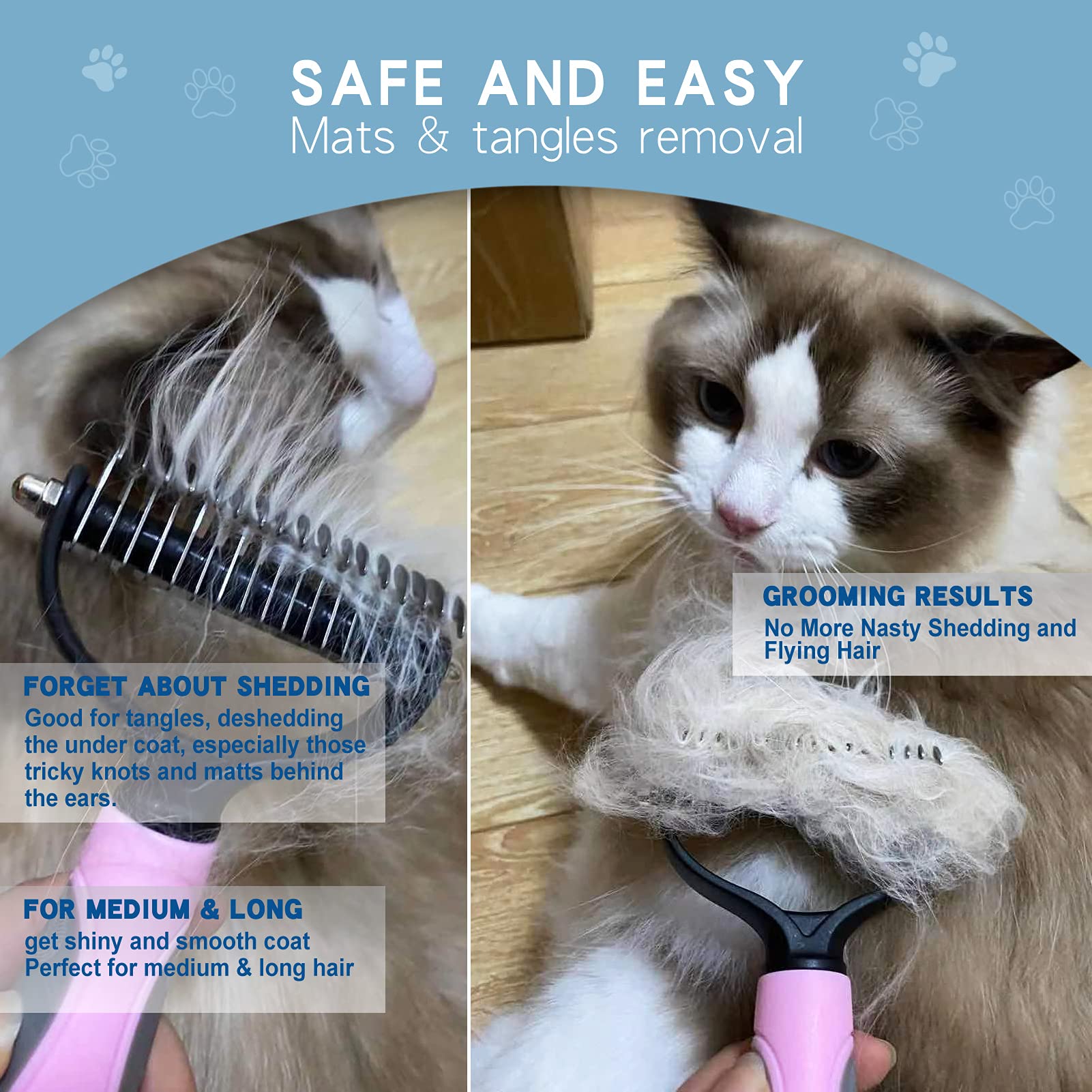 Goeswell Pet Grooming Brush Double-Sided Undercoat Rake For Dogs & Cats - Shedding And Dematting Comb For Dogs &Gentle Deshedding Brush Glove Grooming Kit (Blue 2 Pack)