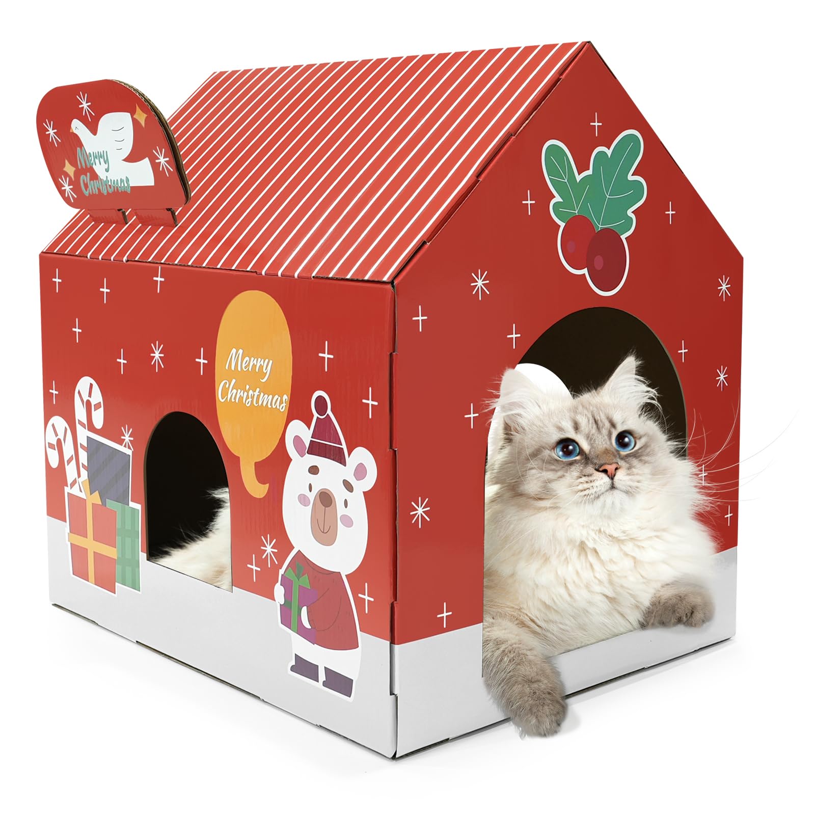 Christmas Cardboard Cat House With Scratching Pad (15''X12''X15'') Cat Play House For Indoor Cats, Christmas Decorations Scratch