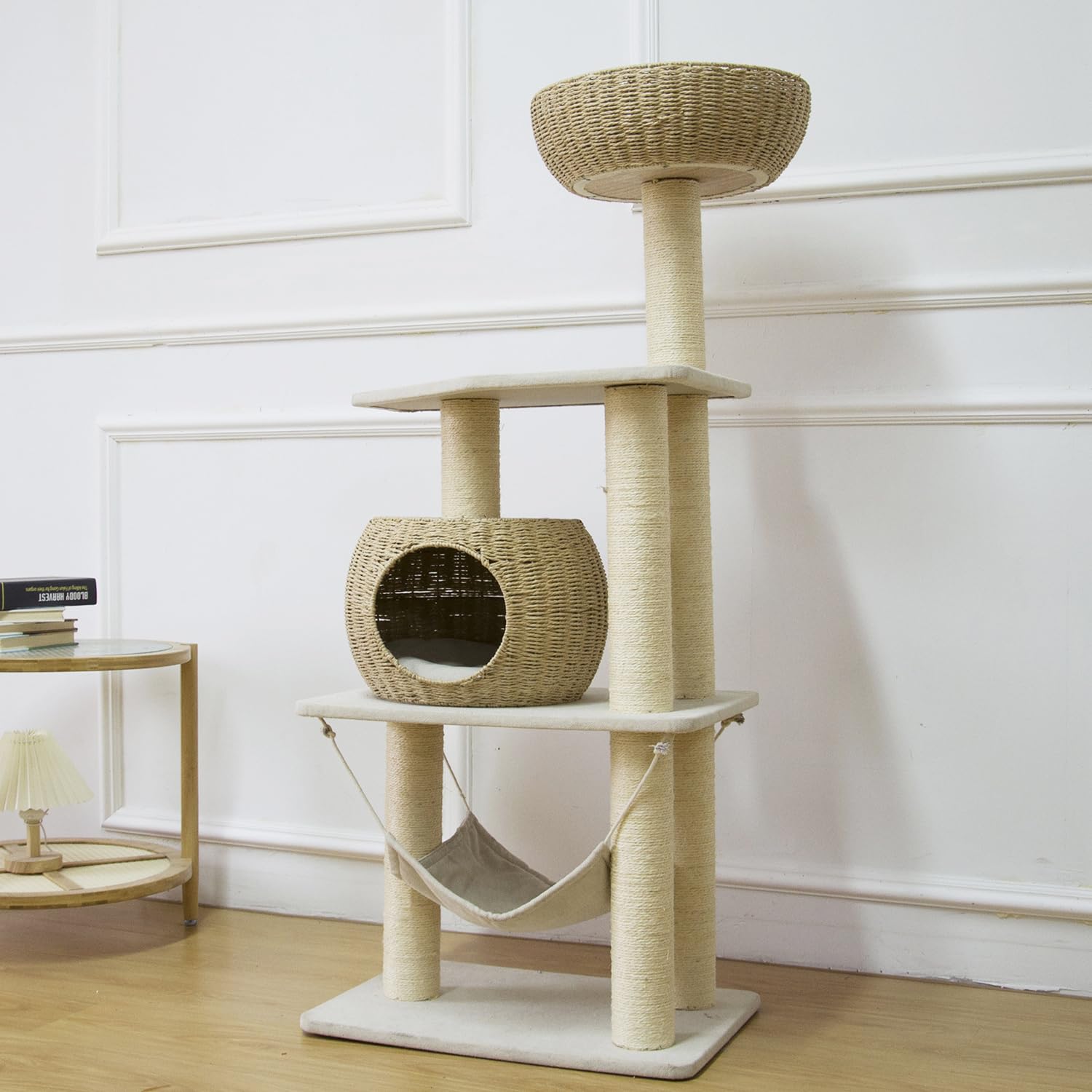 Pawlabay Wood Cat Tree For Indoor Cats, 52.4 Inch Tall, With Scratching Post And Hammock