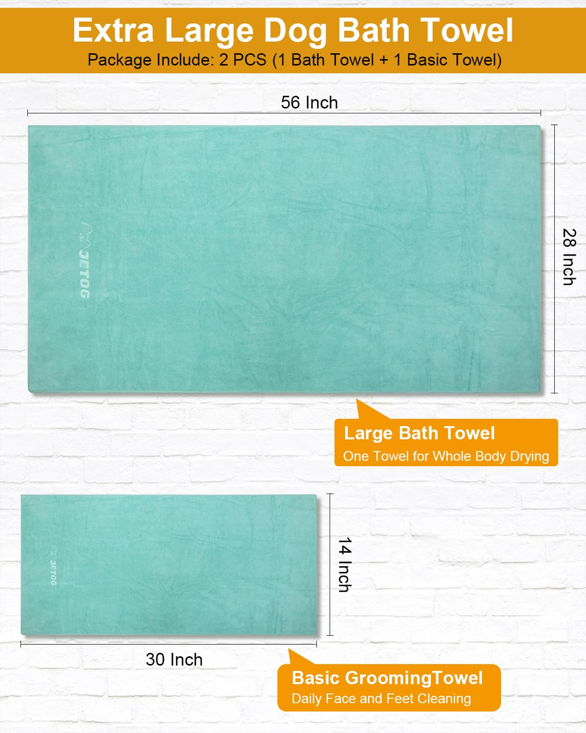 JETOG 2-PCS Fast Drying Dog Towels - 56 x 28 Inch Ultra Soft & Absorbent Large Dog Towel with 30 x 14 Inch Daily Use Paw Towel -