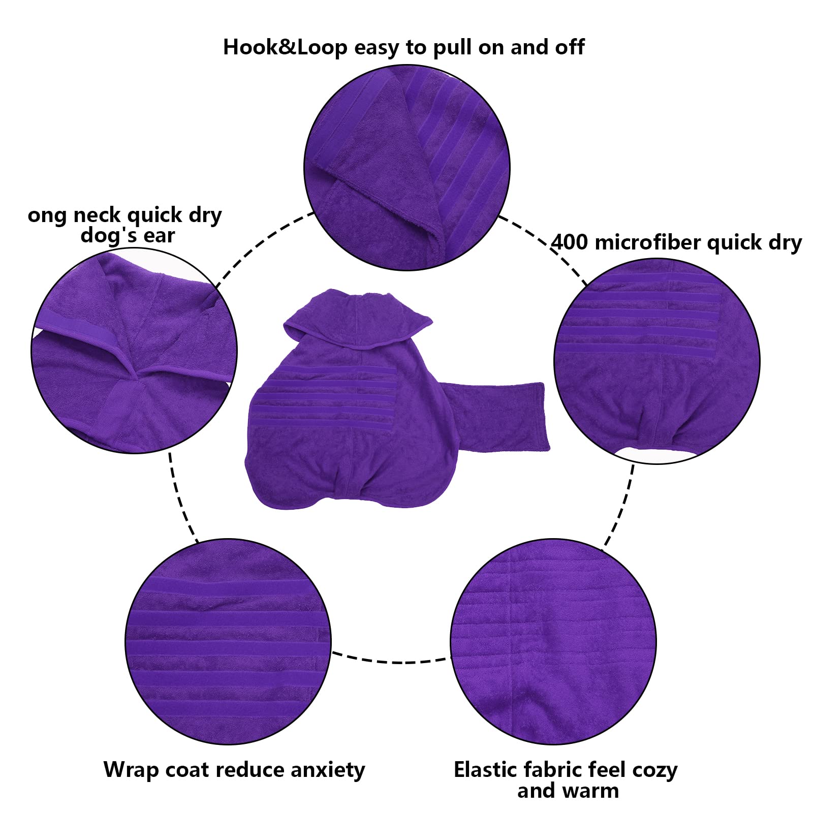 Dog Drying Coat Dressing Gown Towel Robe Pet Microfibre Super Absorbent Anxiety Relief Designed Puppy Fit For Xs Small Medium Large Dogs - Purple - Xxl