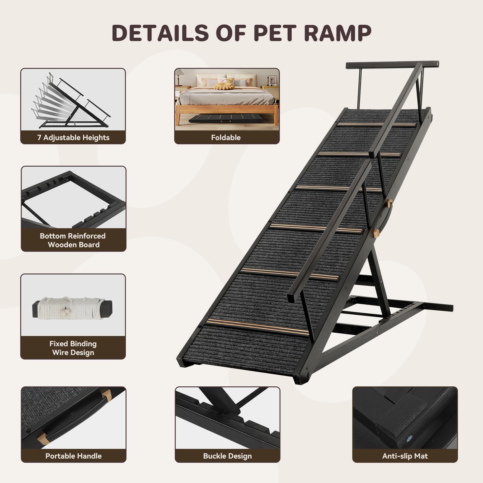 PANTAZO Pet Ramp Folding Portable Wooden Dog & Cat Ramps for Couch or Bed, Including Non Slip Mat & Safety Side Rails, 64.2 Inch