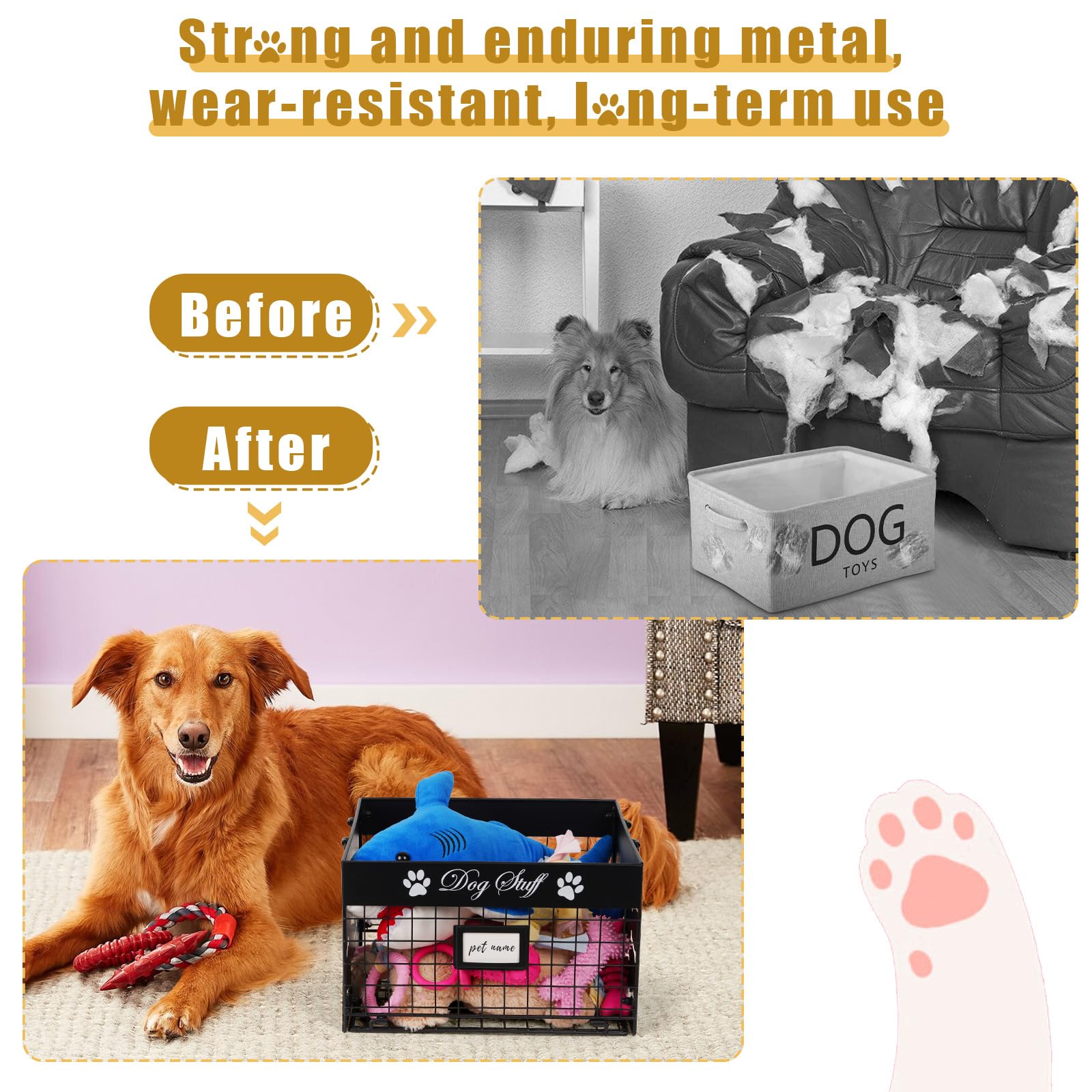 Bfttlity Dog Toy Bin - Metal Dog Toy Basket Box with Handles and Label Position Design Perfect for Pet Toys, Blankets, Clothes a