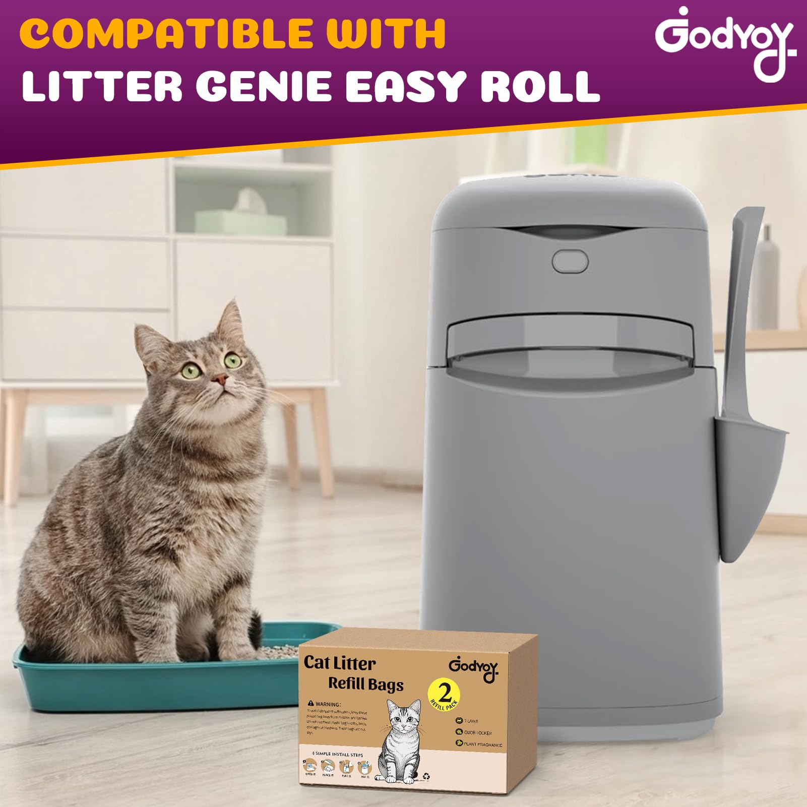 Cat Litter Refill Bags Compatible with Genie Easy Roll Litter Bin, Long Lasting Cat Bag, 7-Layer Odor Control, Leak-Proof & Easy