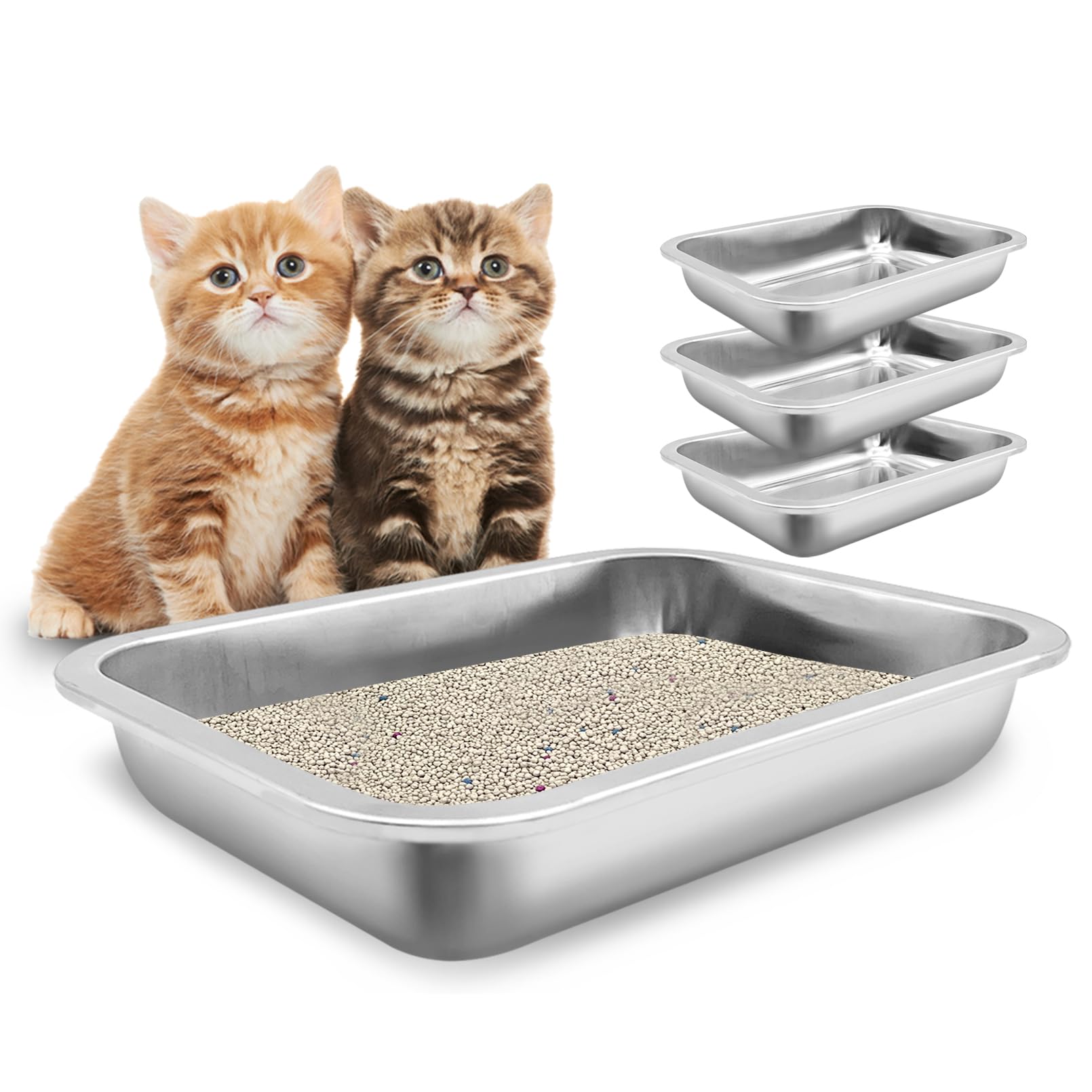 Fhiny 4Pack Stainless Steel Litter Box, Small Size Low Entry Metal Cat Open Litter Pan Potty Training Toilet Odor Control Easy T