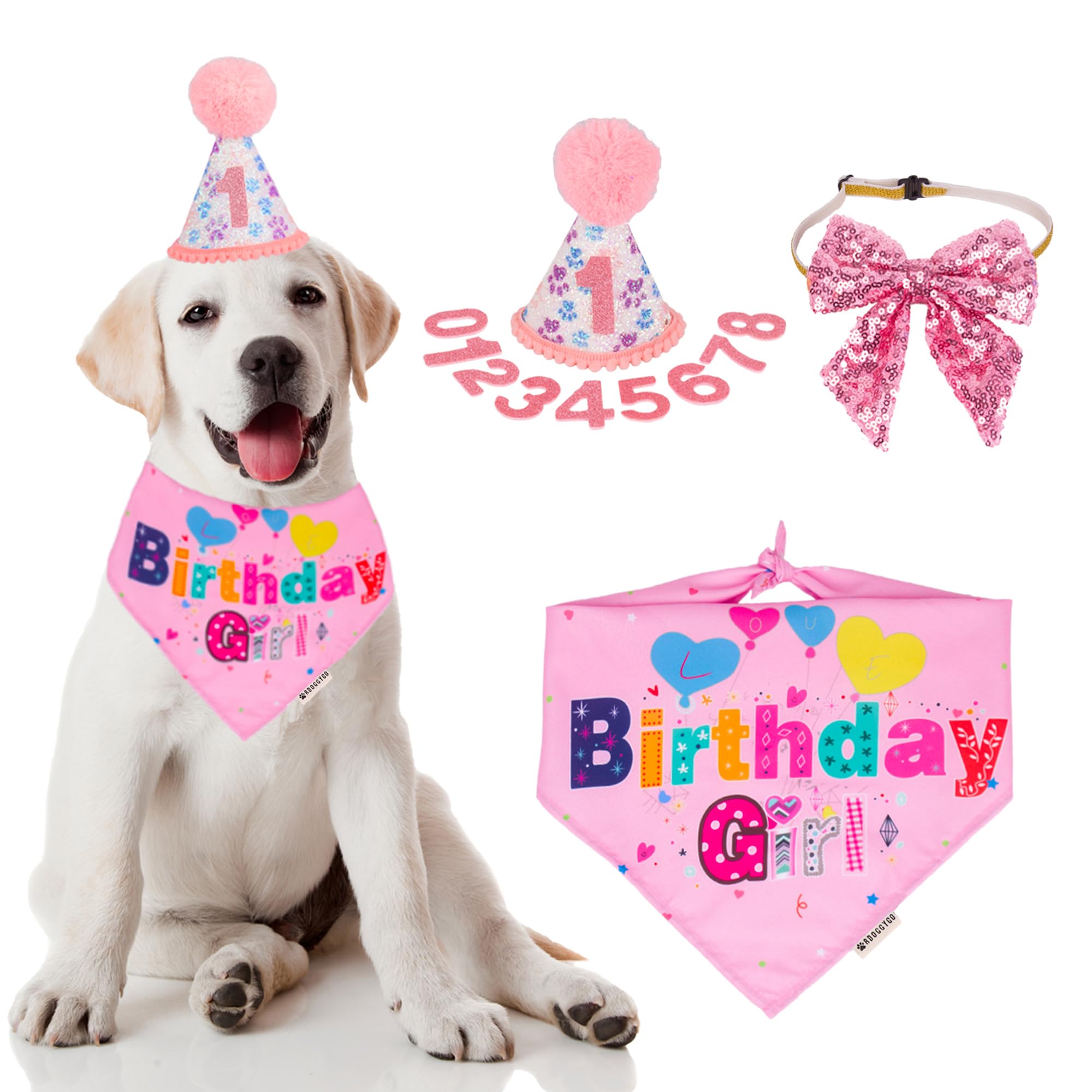 Adoggygo Dog Birthday Party Supplies, Boy Girl Dog Birthday Hat With Numbers Dog Puppy Birthday Bandana Hat Bow Set For Medium L