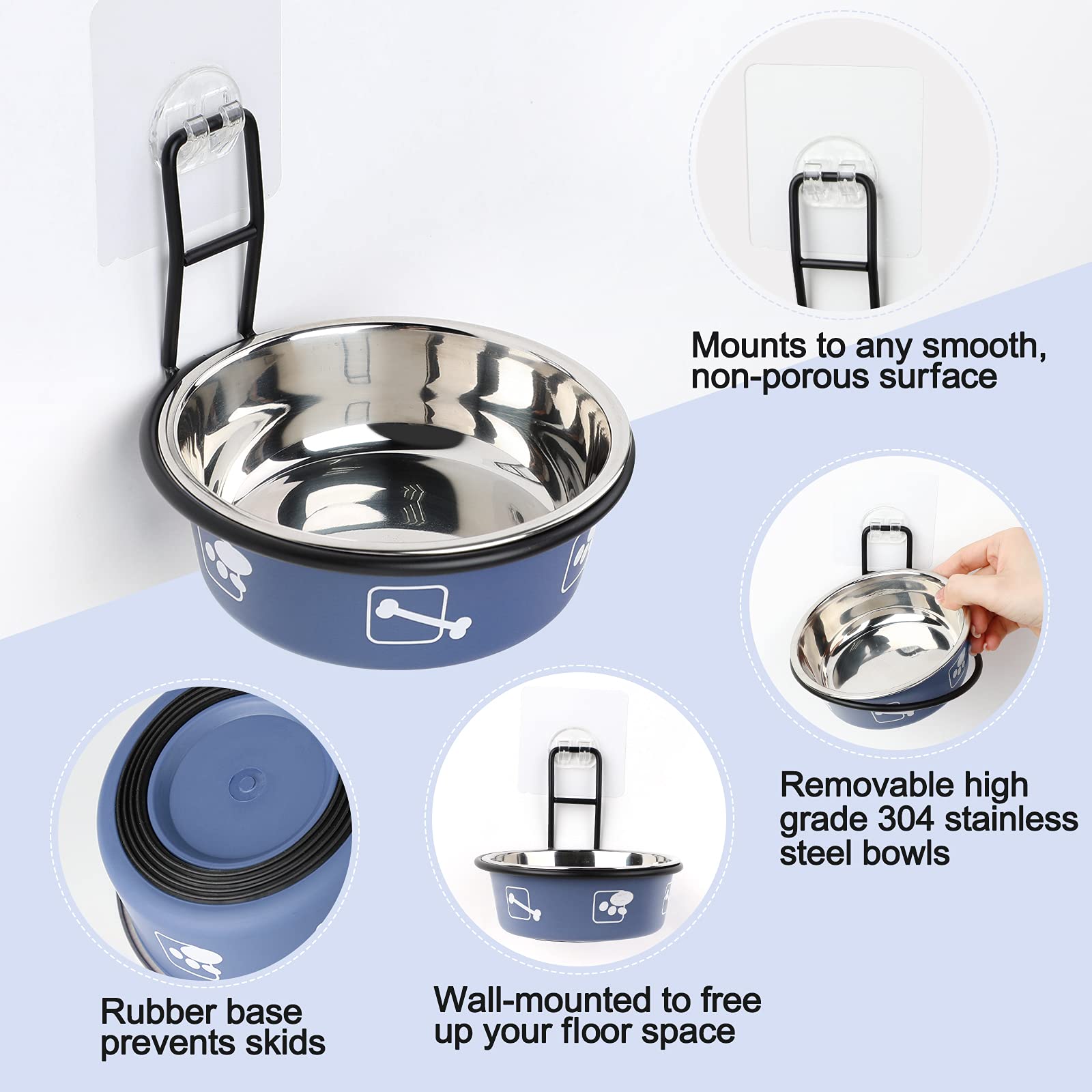 Torlam Cat Feeder, Wall Mounted, Raised Stainless Steel Bowls with Stand, Nonslip No Spill, 2 Packs (Blue)