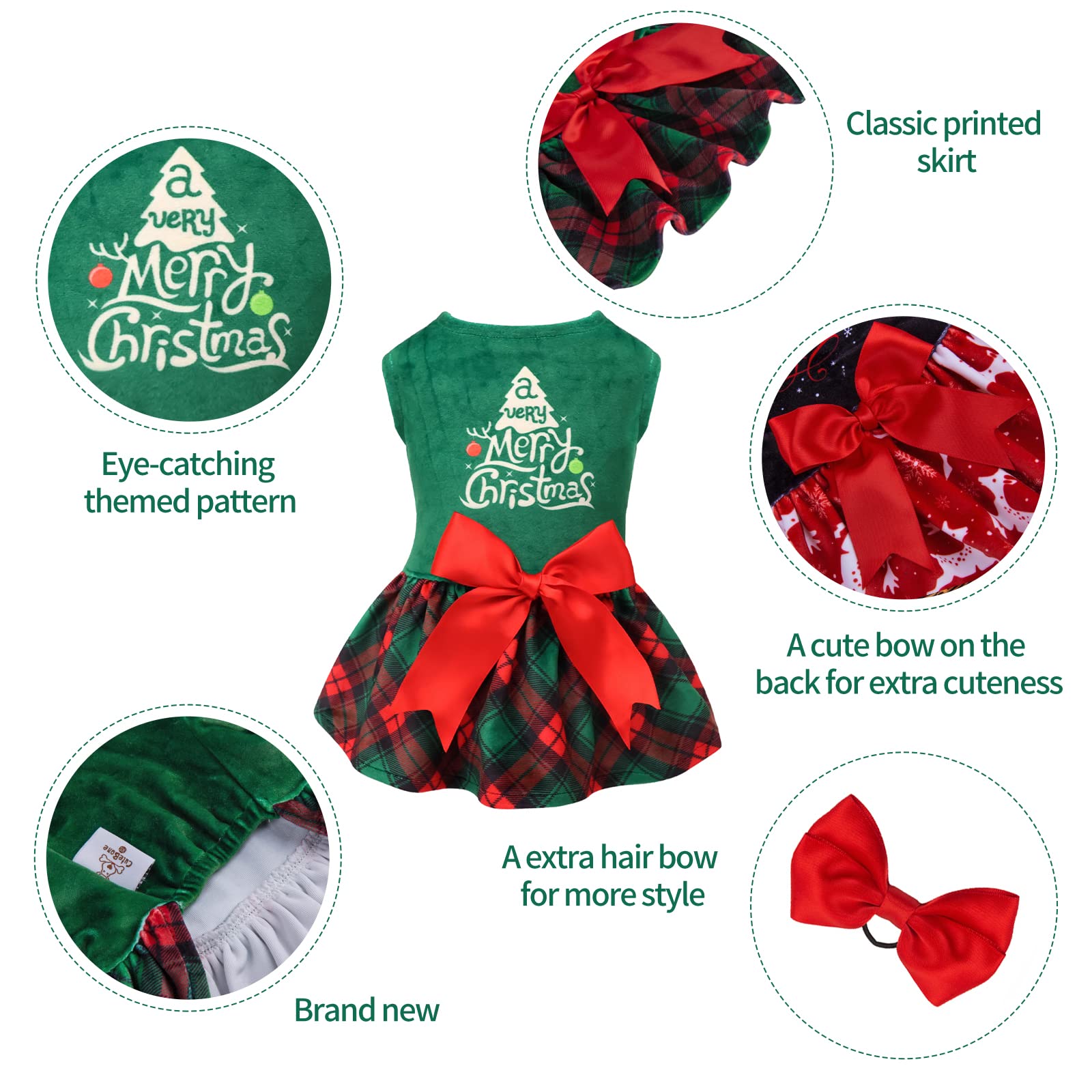 Cutebone Christmas Tree Dog Dress Velvet For Small Dogs Girl Puppy Dresses Green Plaid Dog Clothes Cva05Xxs-D