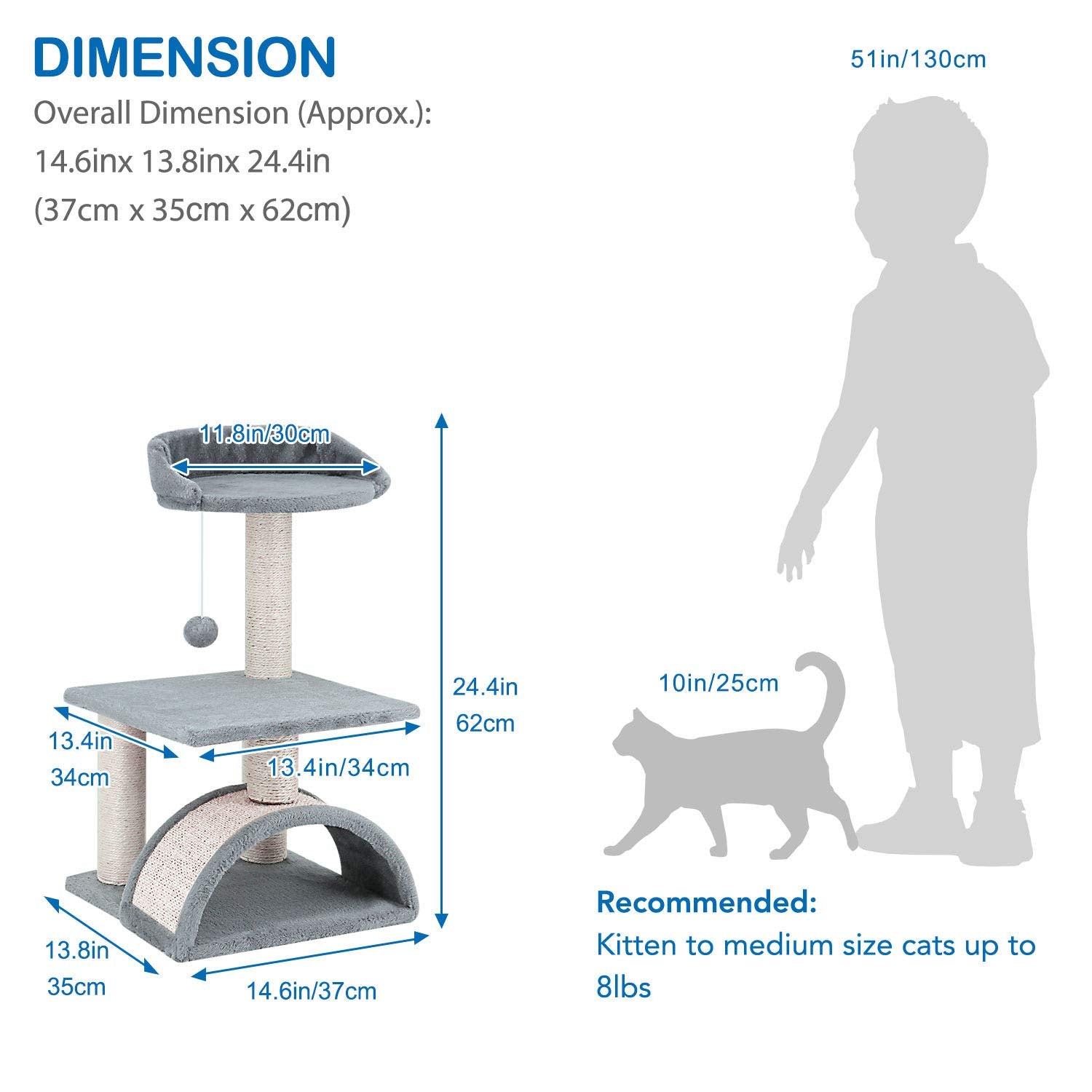 Tree Condo With Scratching Post, Cat Tower Pet Play House With Toy,24.4 Inch(62Cm), Grey