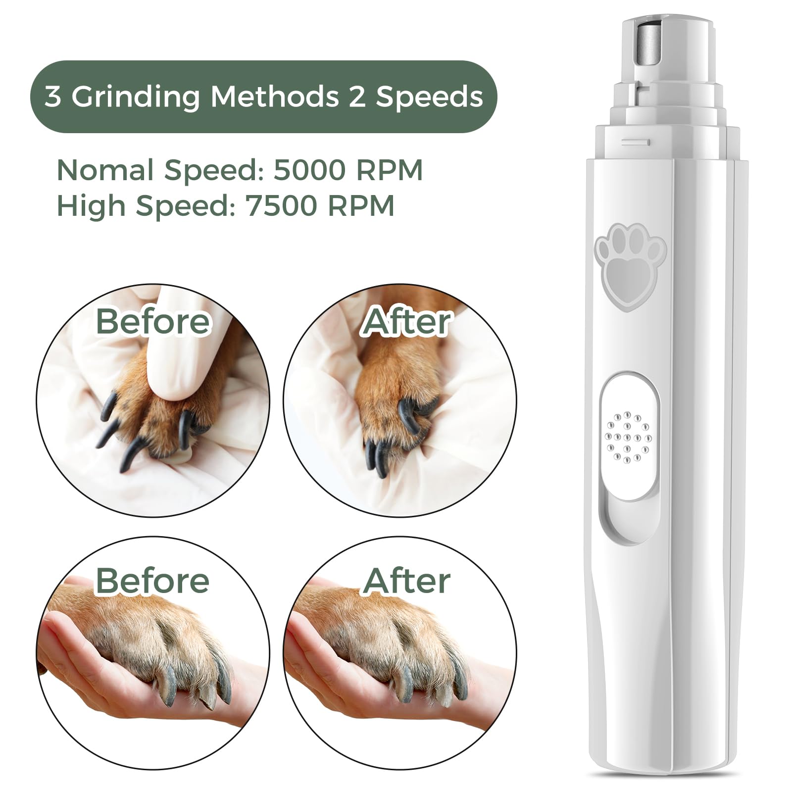 VIWIK Dog Nail Grinder - 2-Speed Rechargeable Trimmer for Large, Medium & Small Dogs, Quiet Electric Dremel Grooming Tool, White