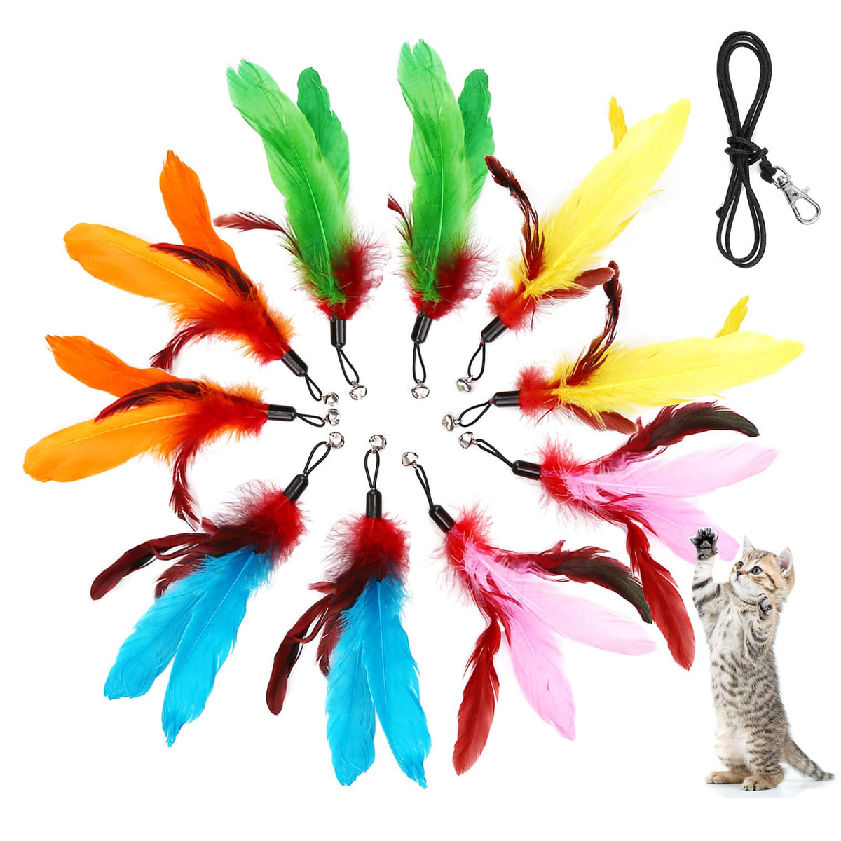 Meohui 11Pcs Cat Toys Wand Refills, Assorted Teaser Refills With Bell For Cat Feather Toys And Cat Teaser Toys, 10Pcs Feather Replacements And 1Pc Replacement String For Cat Wand