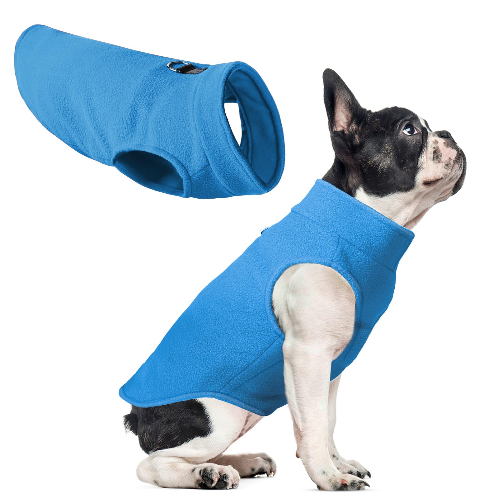 Fleece Dog Sweater Vest - Warm & Stretchy, Winter Dog Jacket With D Ring Leash (Blue, M)