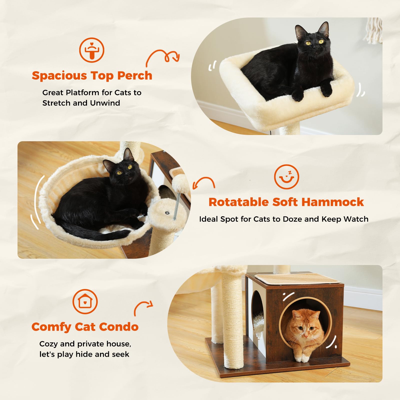 Pequlti Modern Cat Tree For Indoor Cats,Multilevel Play House Cat Tower With Cat Condo, Scratching Post, Cozy Hammock And Plush