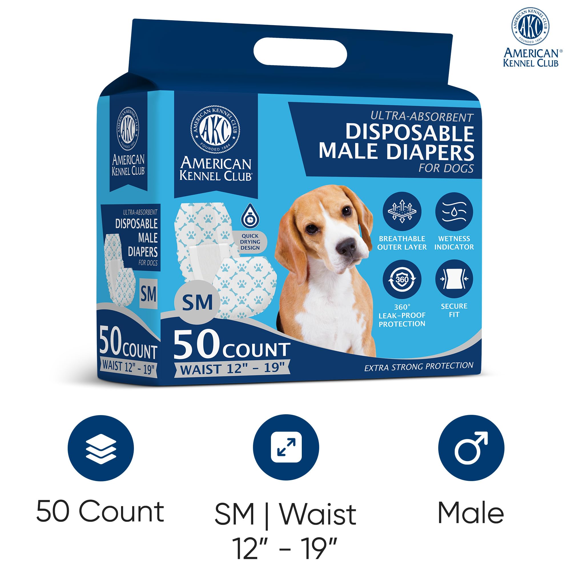 American Kennel Club Male Dog Wrap, Disposable Diapers With Wetness Indicator, Small, 50 Count