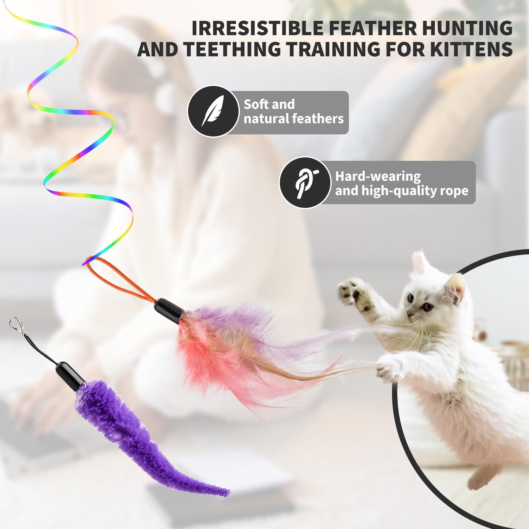 PANRIO Interactive Cat Toys for Indoor Cats, Automatic Hanging Door Feather Toy Mouse & Ribbon Wand Teaser,USB-Rechargeable Self