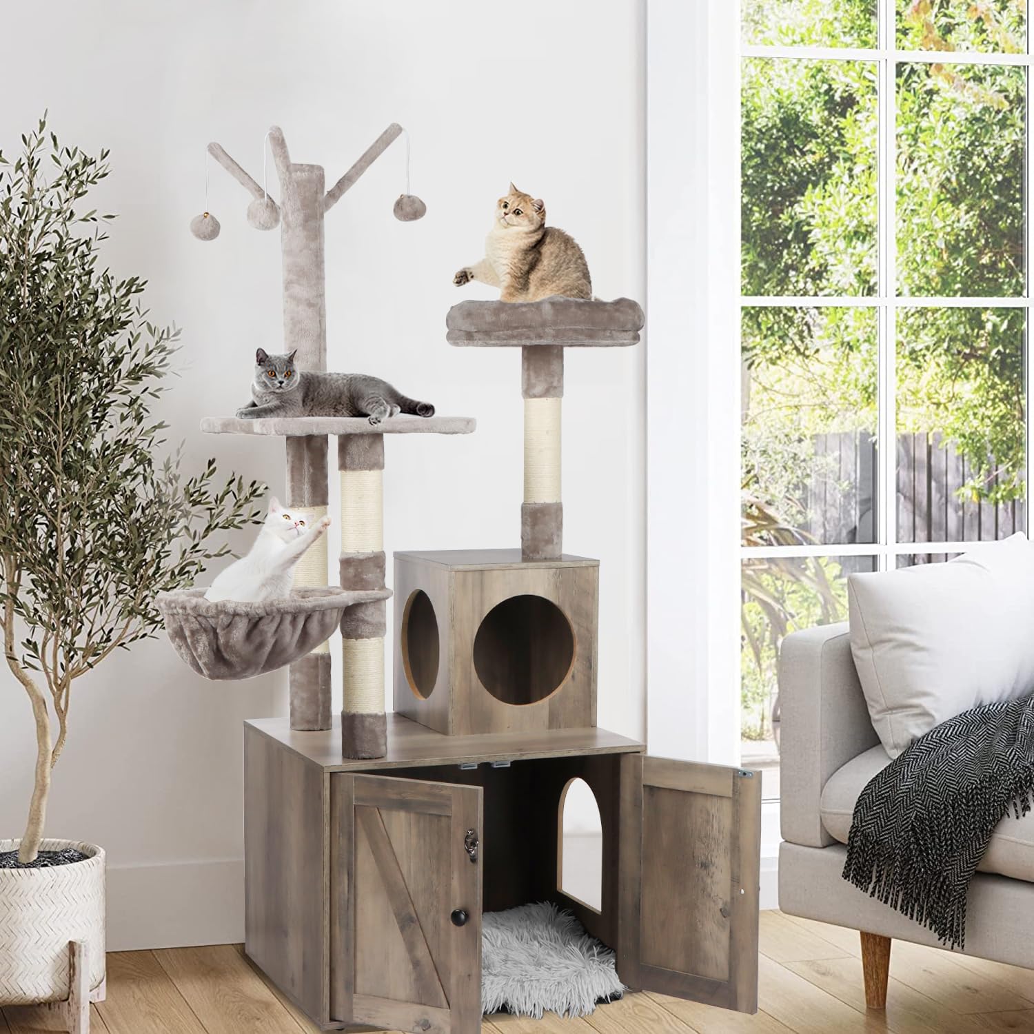 Timberer Litter Box Enclosure With Cat Tree, 2-In-1 Cat Tree Tower, Hidden Cat Litter Box Furniture With Scratching Post, Modern