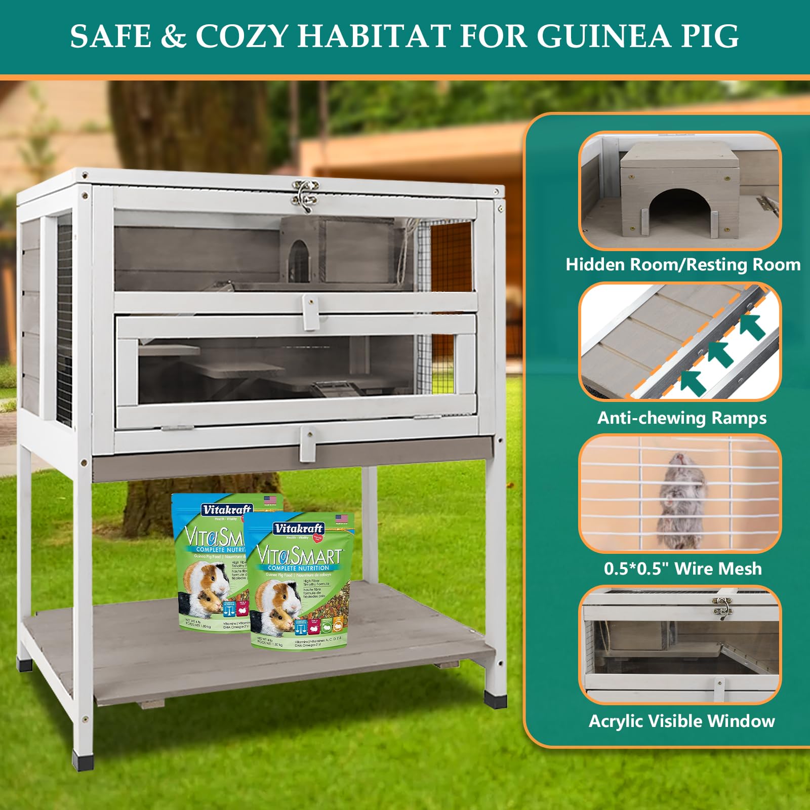 Petscosset Guinea Pig Cages Wooden Hamster Cage Indoor With Stand And Storage Outdoor Small Animals Habitat With Metal Edges Ram