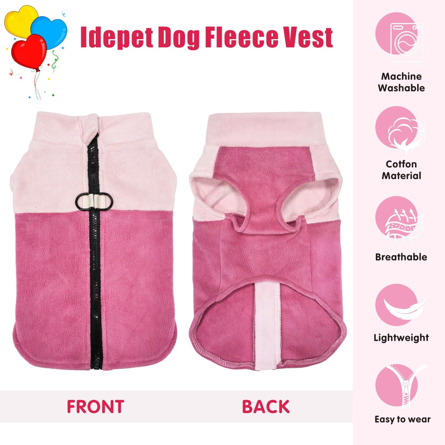 Idepet Dog Fleece Vest Sweater Zip Up Warm Pullover Dogs Jacket with D-Ring Leash Winter Cold Weater Coat Pet Sweatershirt Cloth