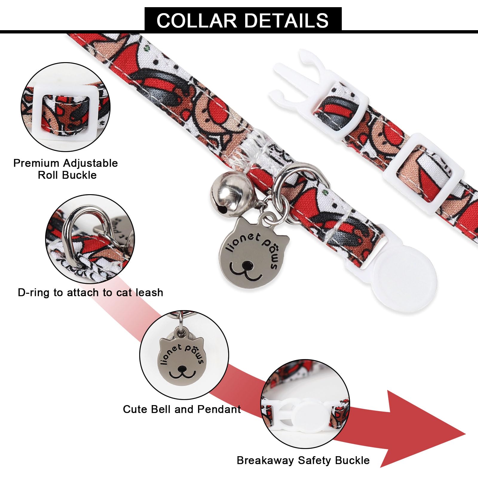 Lionet Paws 2Pcs Pack Cotton Cat Collar,Breakaway Buckle Christmas Cat Coolar With Santa,Red Green Dot Cute Adjustable Cat Kitte