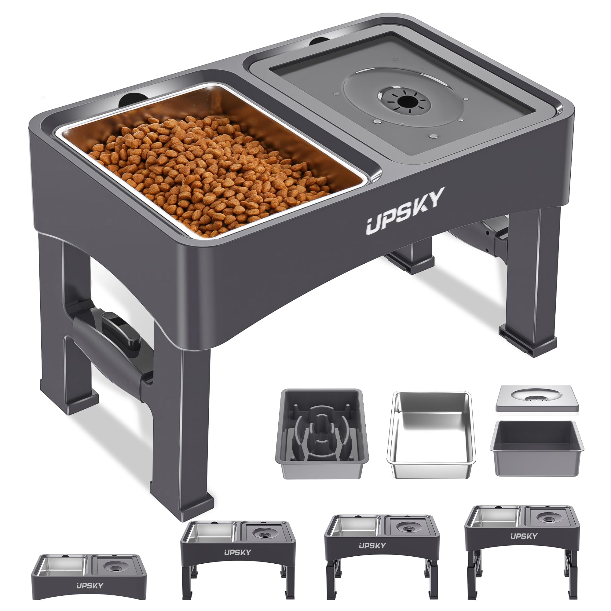 Upsky Elevated 3-In-1 Dog Bowls: Slow Feeder, Stainless Steel Adjustable (4 Heights), No-Spill, For Small/Medium Dogs (Grey)