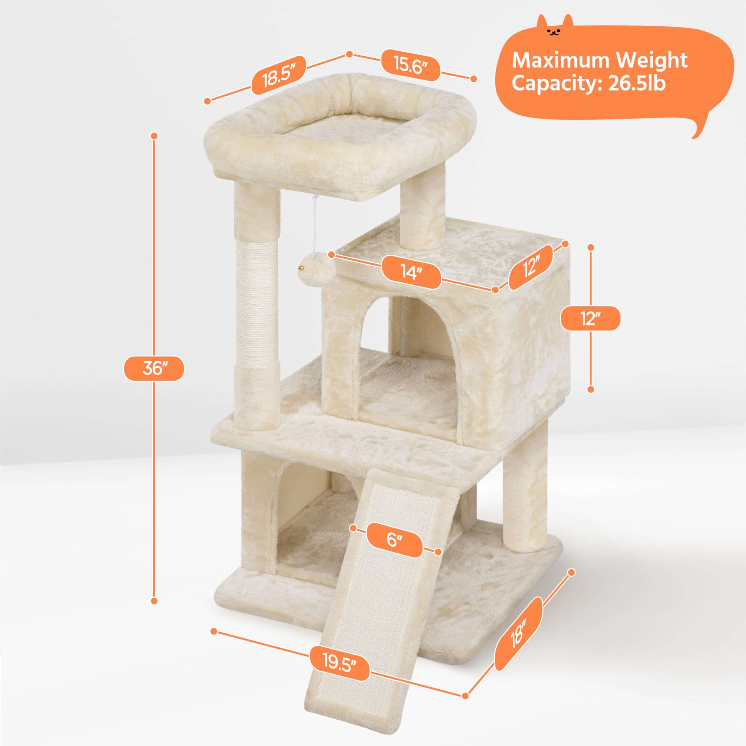 Yaheetech Cat Tree for Indoor Pets, 36in Tower Condo w/Extra Large Perch, Scratching Posts, Board, Dangling Ball, Play Structure