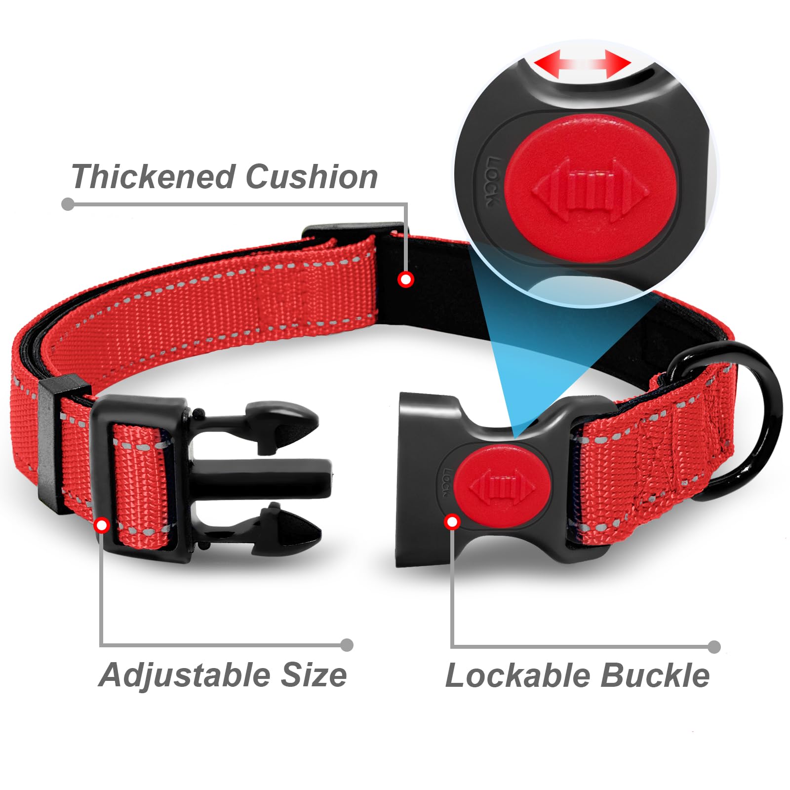 Bully Dog Leash 5Ft With Comfortable Padded Handle, Highly Reflective Threads, Adjustable, Red, Large
