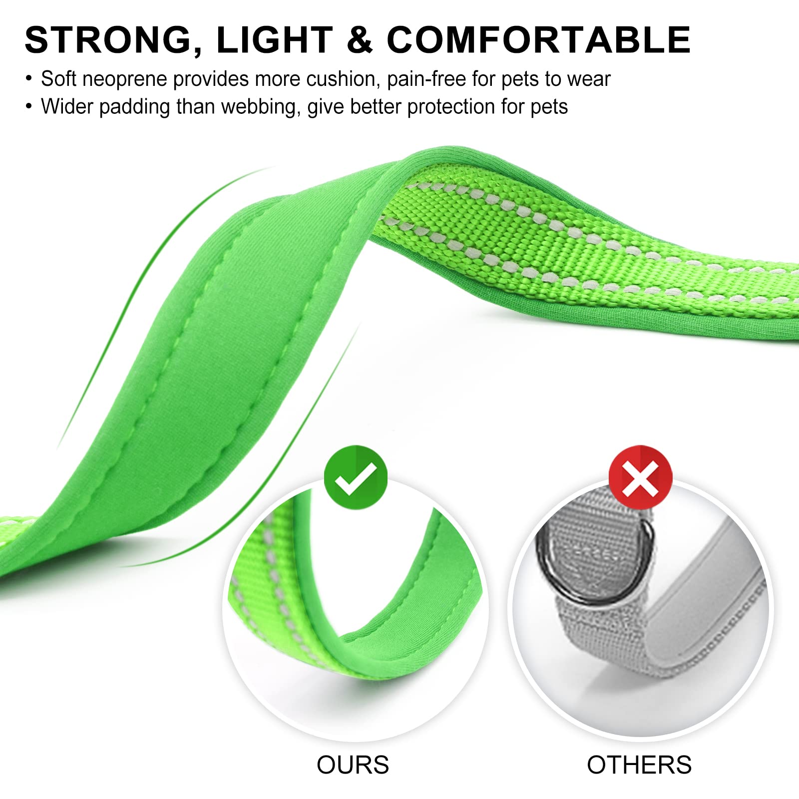 Azuza Reflective Dog Collar, Soft Neoprene Padded Pet Collar With Id Tag Ring, Adjustable For Large Dogs,Green,L