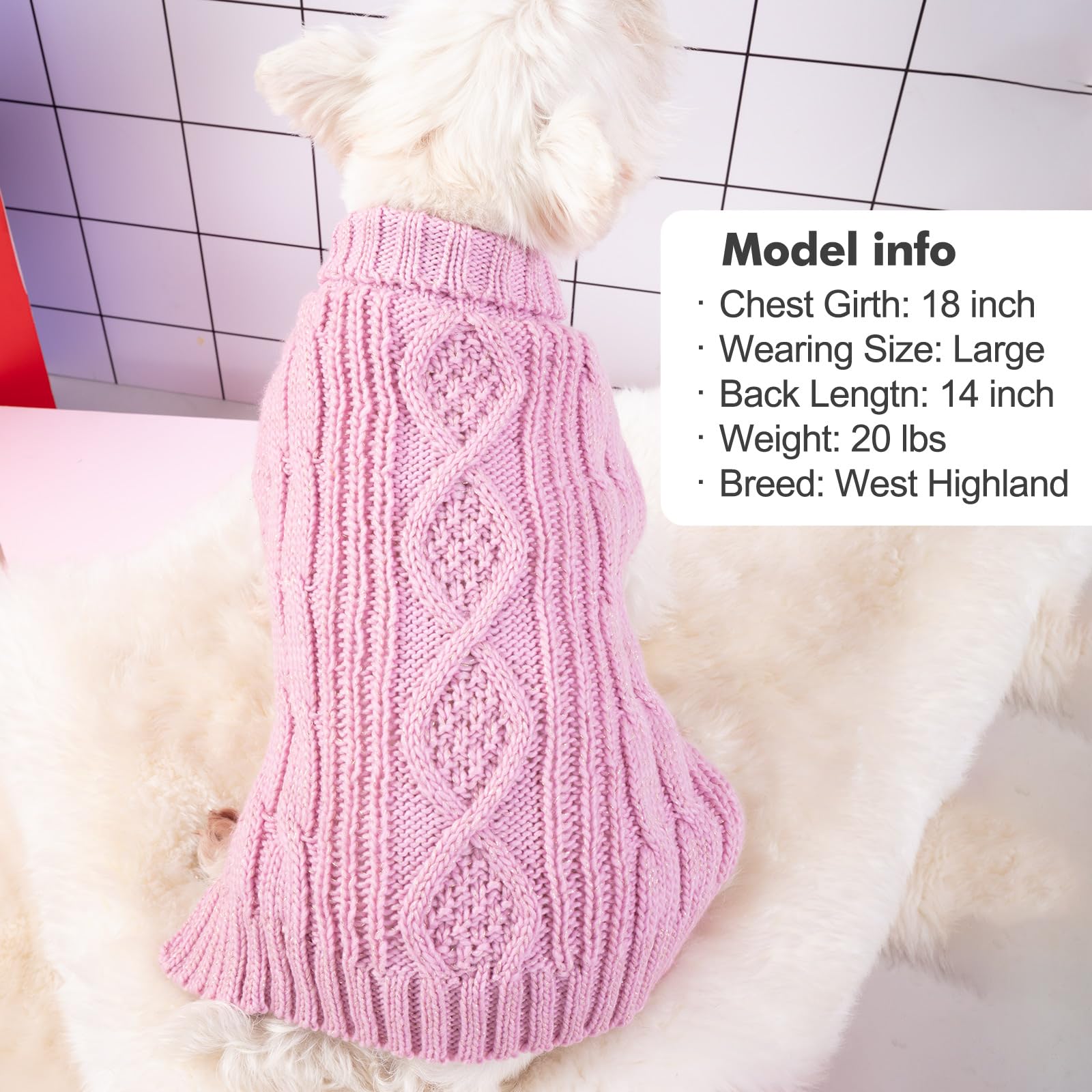 Kyeese Dog Sweaters For Medium Dogs Turtleneck Dog Cable Knit Puppy Sweater With Golden Thread For Cold Weather, Pink, Large