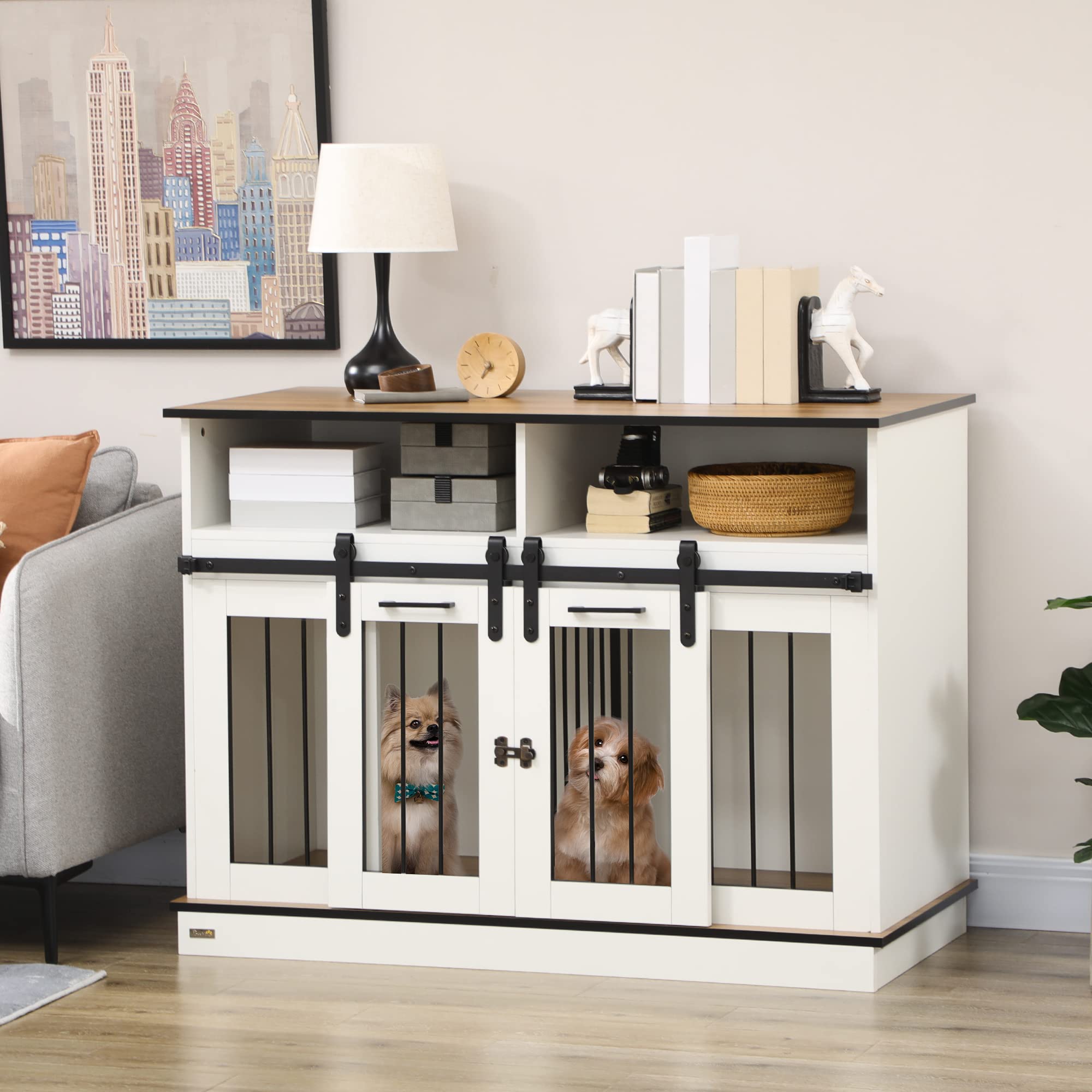 PawHut Dog Crate Furniture for Large Dogs or Double Dog Kennel for Small Dogs with Shelves, Sliding Doors, 47 x 23.5 x 35, White