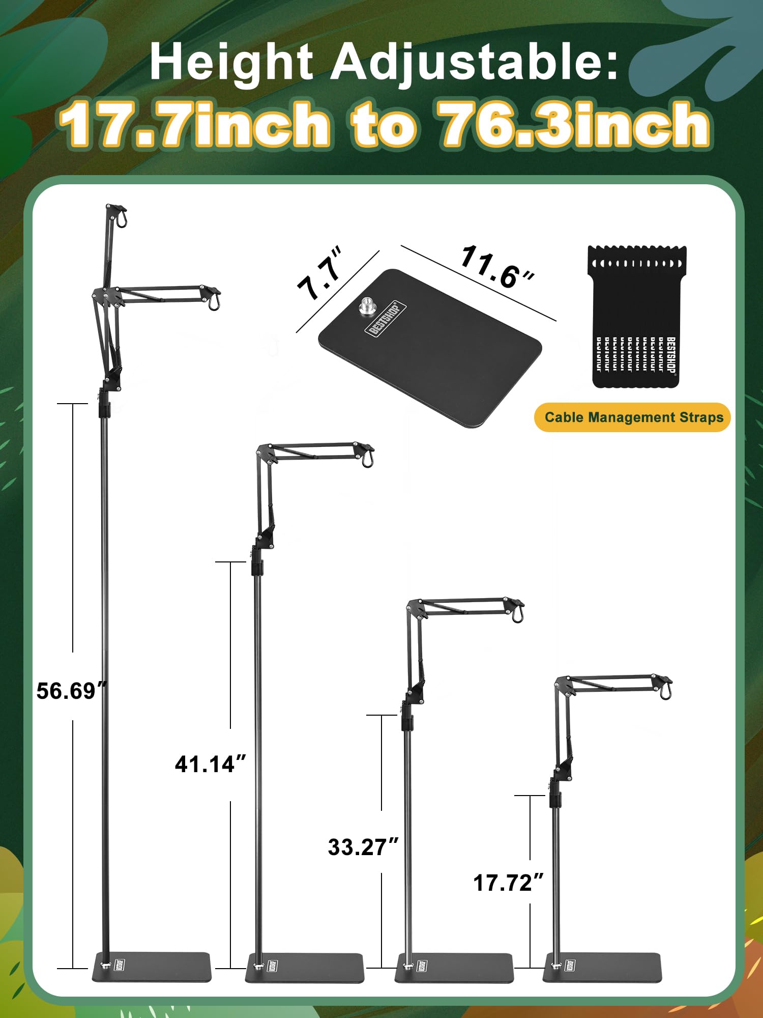 Bestshop Dual Reptile Lamp Stand, Heat Lamp Stand (15.7 To 74.3 Inch) With 2 Adjustable 360 Swing Arms For Terrarium, Reptile He