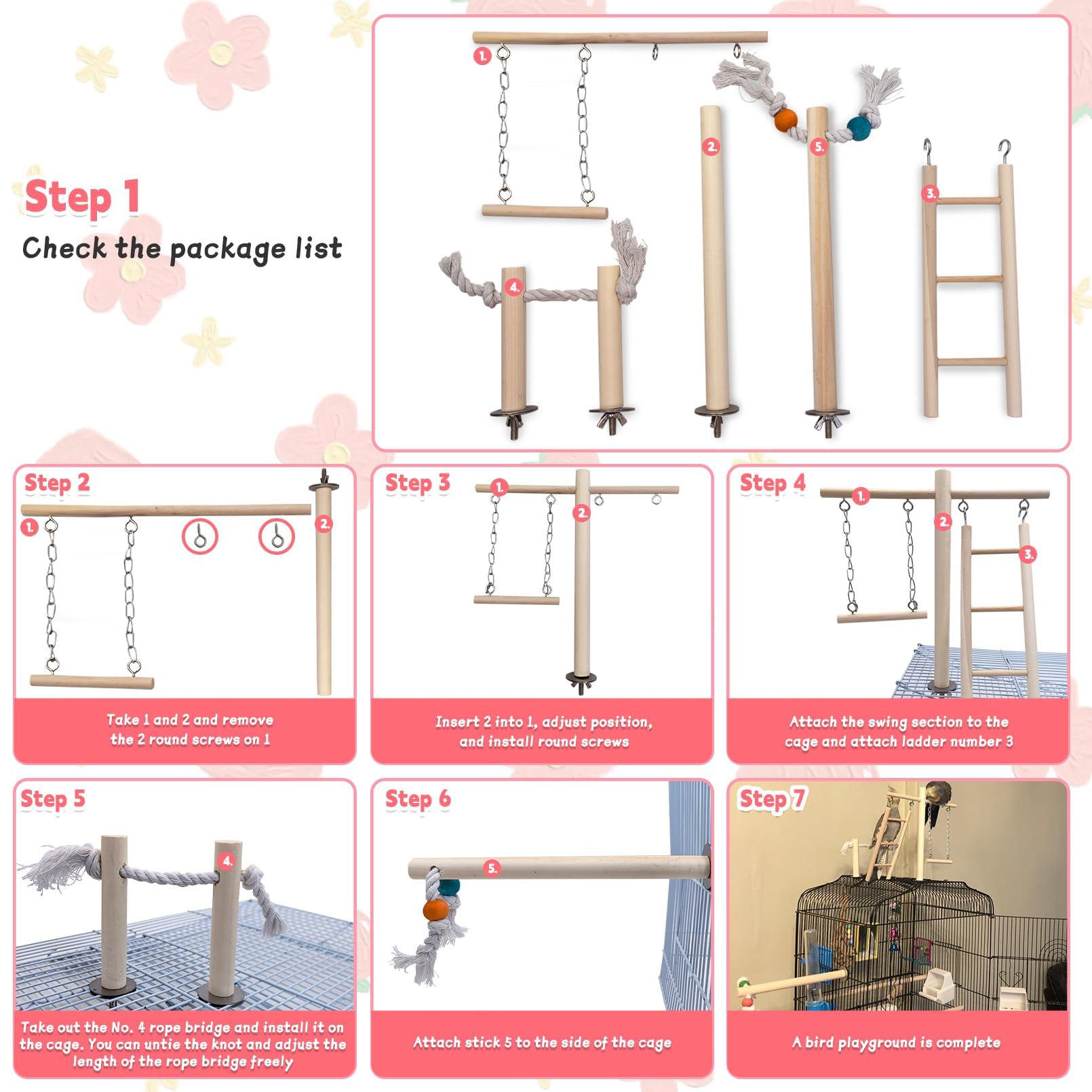 Pinvnby Bird Playground, Wood Parrot Parrot Play Gym Bird Play Stand Perch Bird Cage Accessories For Small And Medium Bird Parrot Parakeet Cockatiel Conure Love Birds Finch