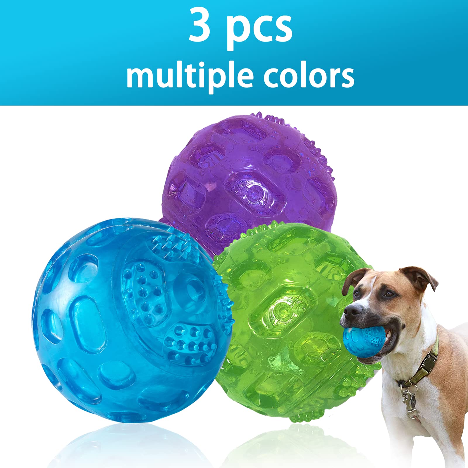Pjdh 3 Packs Dog Balls Dog Toys, Indestructible Dog Balls For Aggressive Chewers, Balls For Medium Large Dog, Squeaky Kong Ball For Training Playing Pet Toys, 3.2Inch Dog Toy Balls, Green+Blue+Purple
