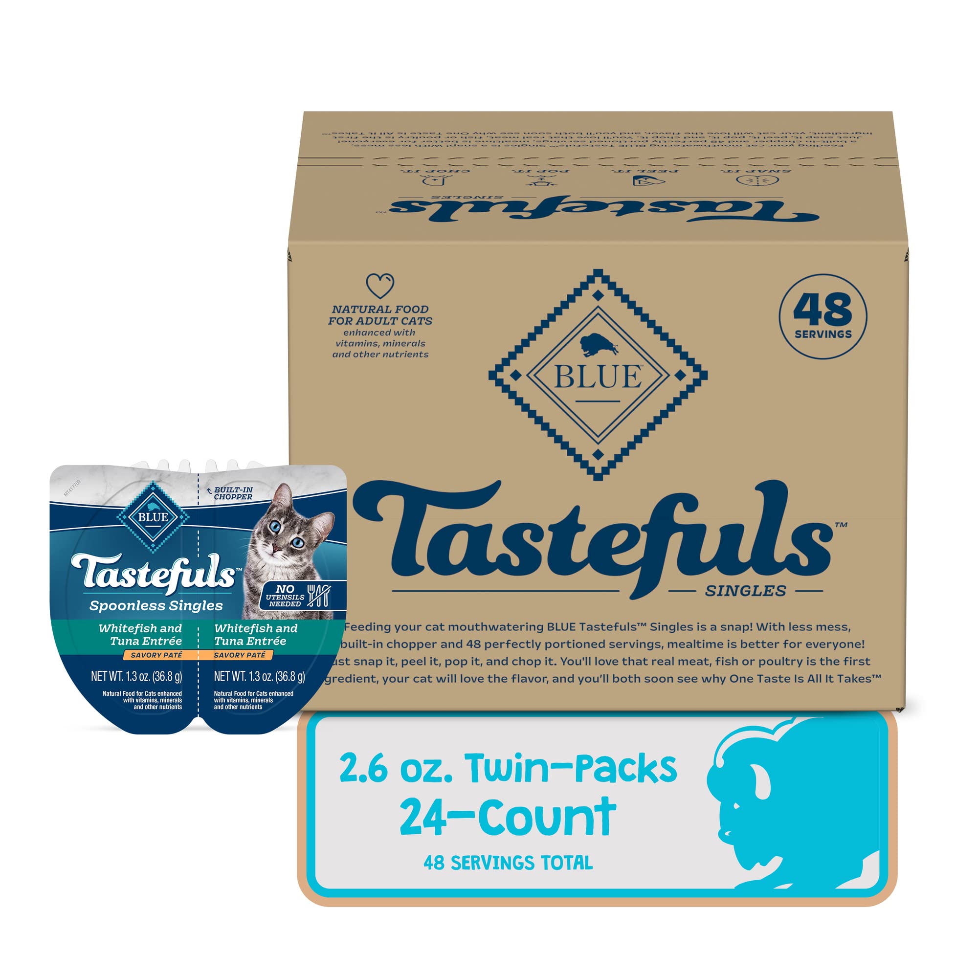Blue Buffalo Tastefuls Spoonless Singles Natural Wet Cat Food Pat  , 2.6-oz Twin-Pack Trays, White Fish & Tuna Entre   (24 Count