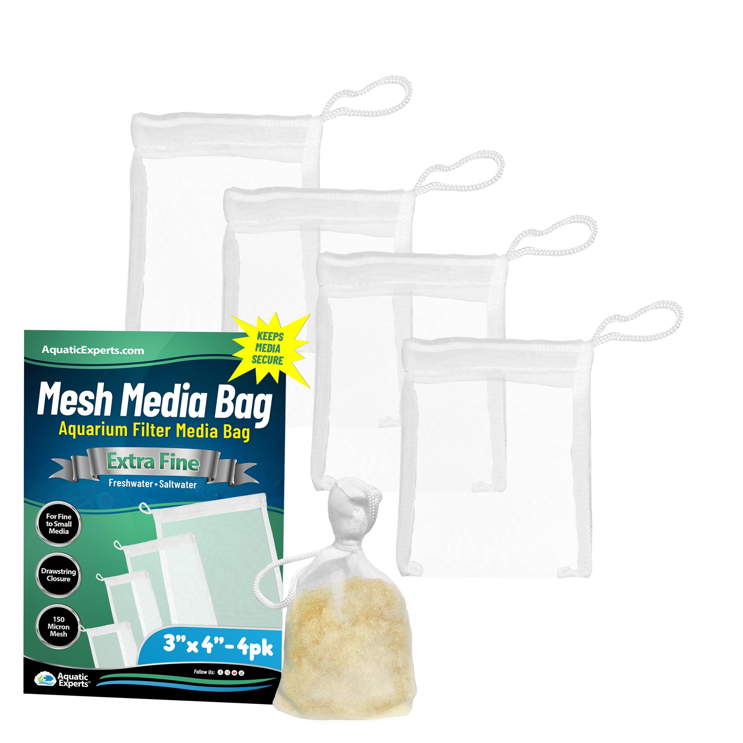 Aquatic Experts Extra Fine Aquarium Media Bag, Durable Drawstring Bags For Fish Tank Filters, 150 Micron Mesh, (Extra Fine, 3''X