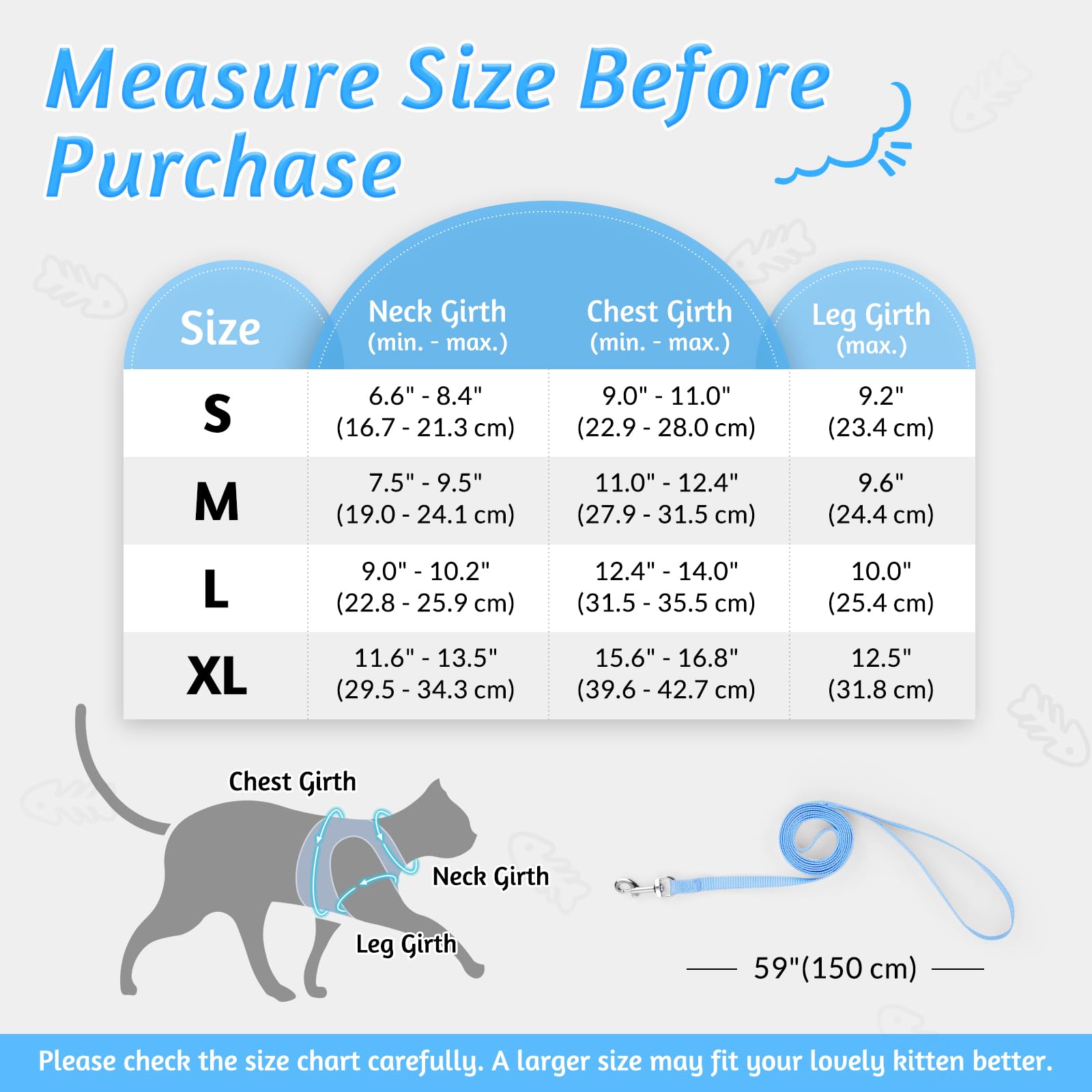 Rabbitgoo Cat Harness And Leash Set For Walking Escape Proof, Adjustable Soft Kittens Vest With Reflective Strip For Cats, Comfortable Outdoor Vest, Light Blue, L