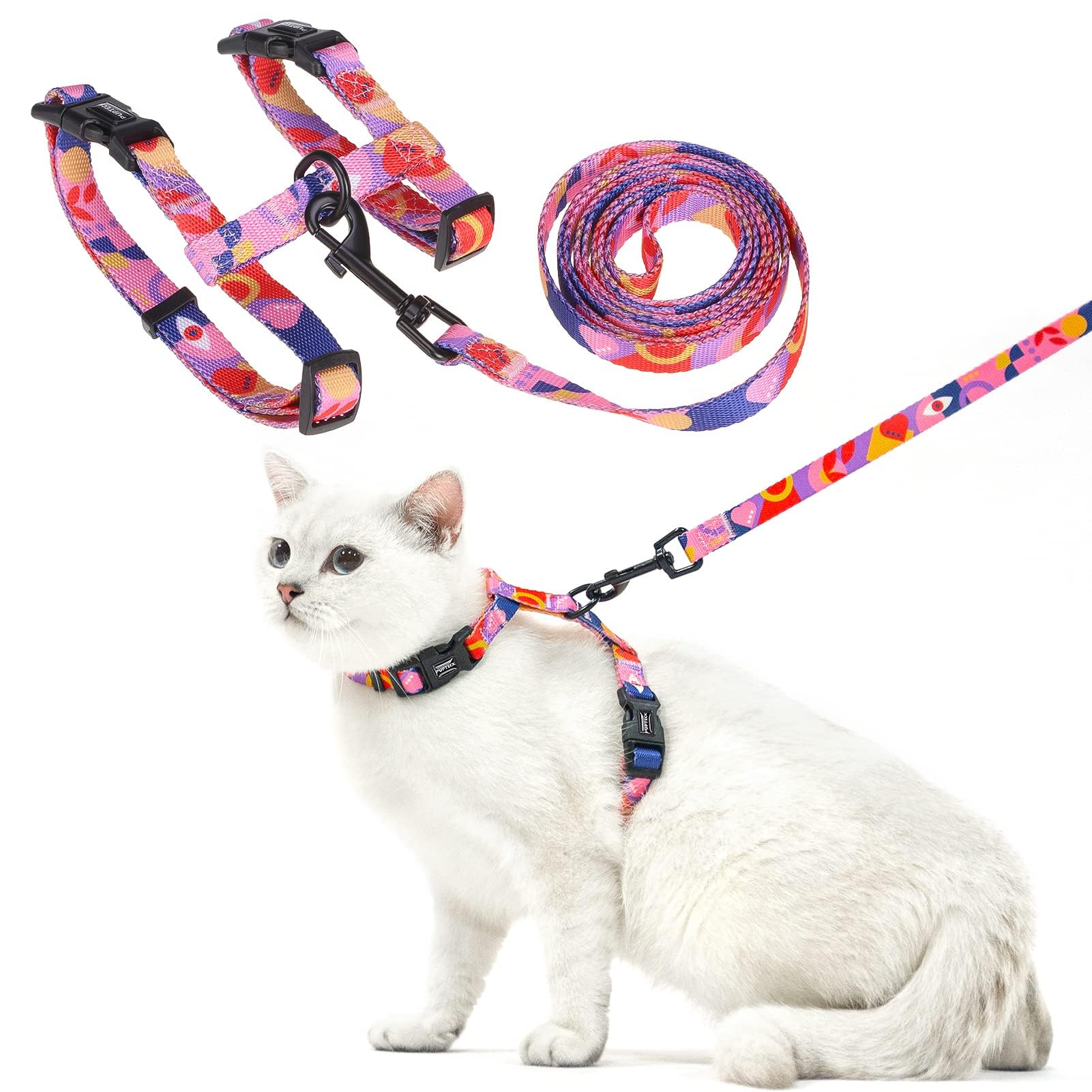 Pupteck Adjustable Cat Harness And Leash Set Escape Proof Kitten Strap Collar For Walking Travel, Printed Pink