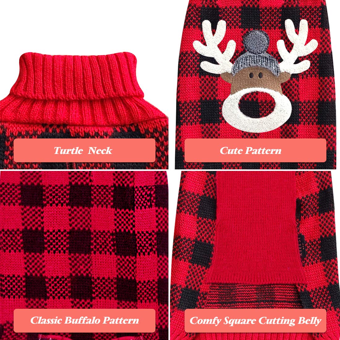 Kyeese Dogs Sweaters Reindeer Small Dog Sweaters Red Buffalo Check With Leash Hole Pet Sweater Puppy Sweater,S